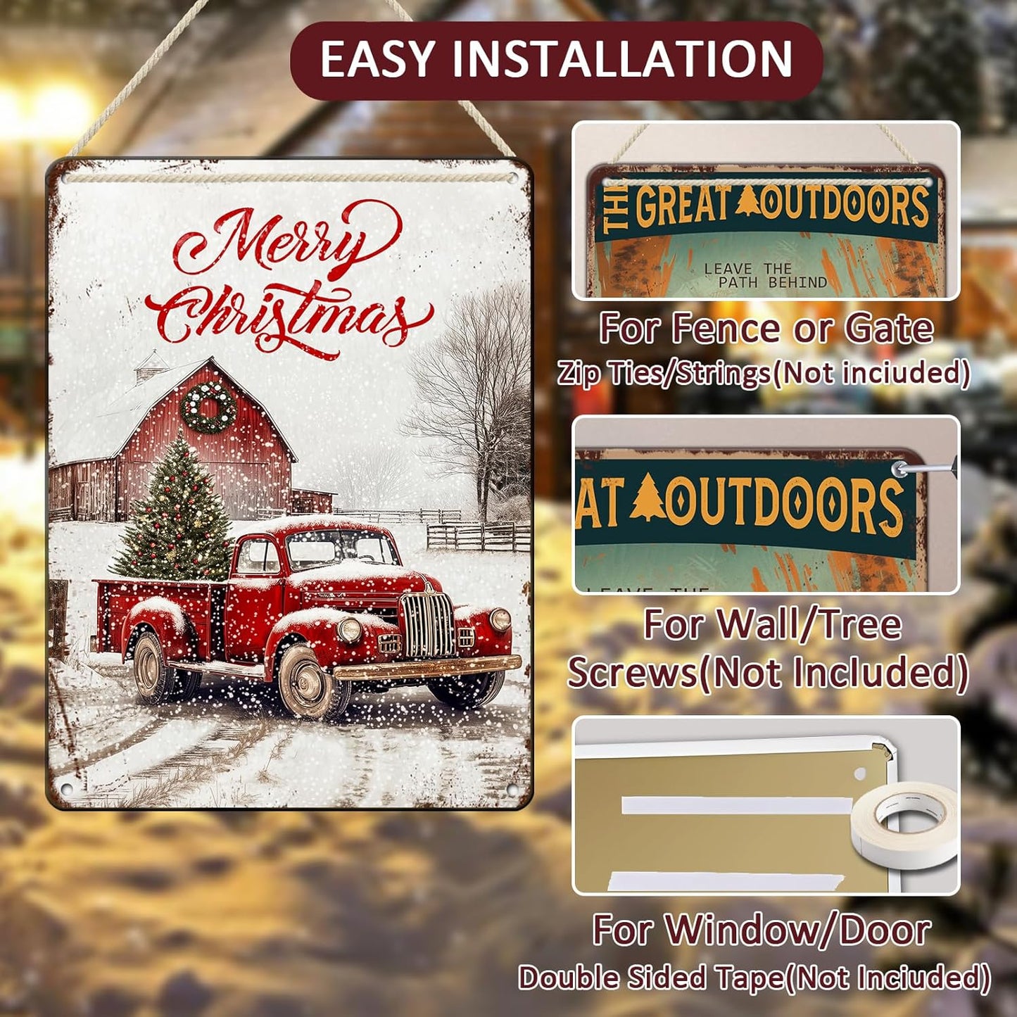 Vintage Christmas Red Truck Tin Sign Merry Christmas Truck Christmas Tree Metal Tin Sign Winter Rustic House Yard Xmas Pickup Holiday Wall Decorations Tin Sign 12x16Inch