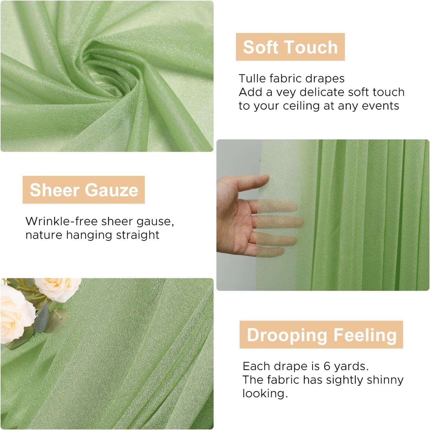Wokceer Sage Green Wedding Arch Draping Fabric Backdrop 4 Panels 28.7" X 20FT Sheer Drapes Fabric for Wedding Arbor Ceremony Party