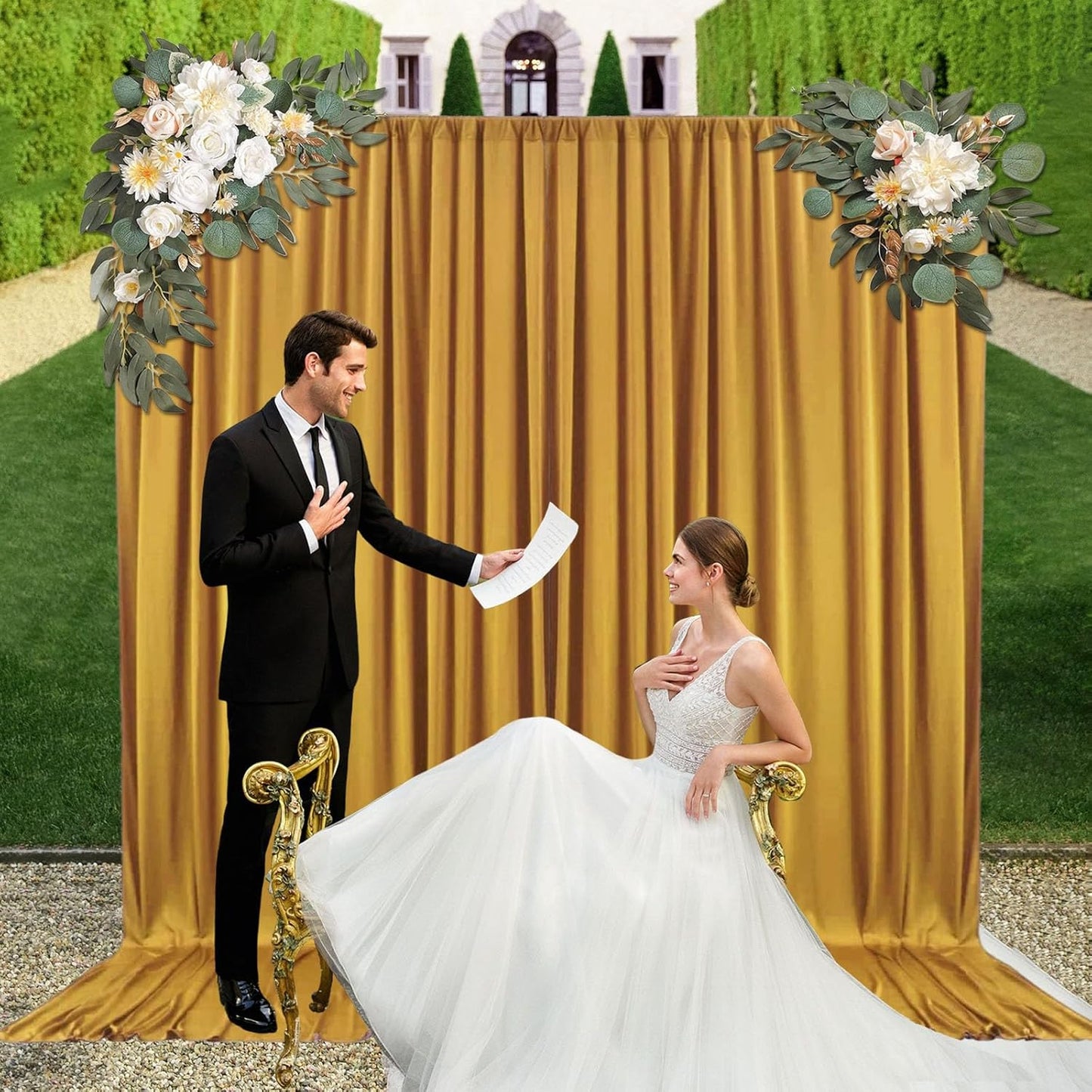 10ft x 10ft Gold Backdrop Curtains for Parties, Fabric Satin Background Curtain with Rod Pockets for Weddings, Birthday, Baby Shower, Photography, Graduation Party Backdrop Drapes, 2 Panels