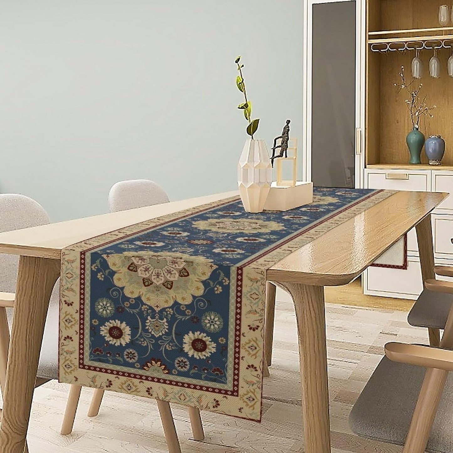 Vintage Boho Floral Table Runner, Elegant Rustic Country Farmhouse Blue Yellow Retro Flower Pattern for Home Kitchen Table Decor Dining Coffee Room Party Decor 13x120in