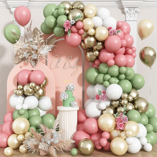 Pink and Green Balloon Arch Kit 127Pcs Sage Green Dusty Pink Gold Balloons Garland Boho Retro Blush Champagne Birthday Party Balloons for Girls Jungle Safari Woodland Baby Shower Wedding Decorations