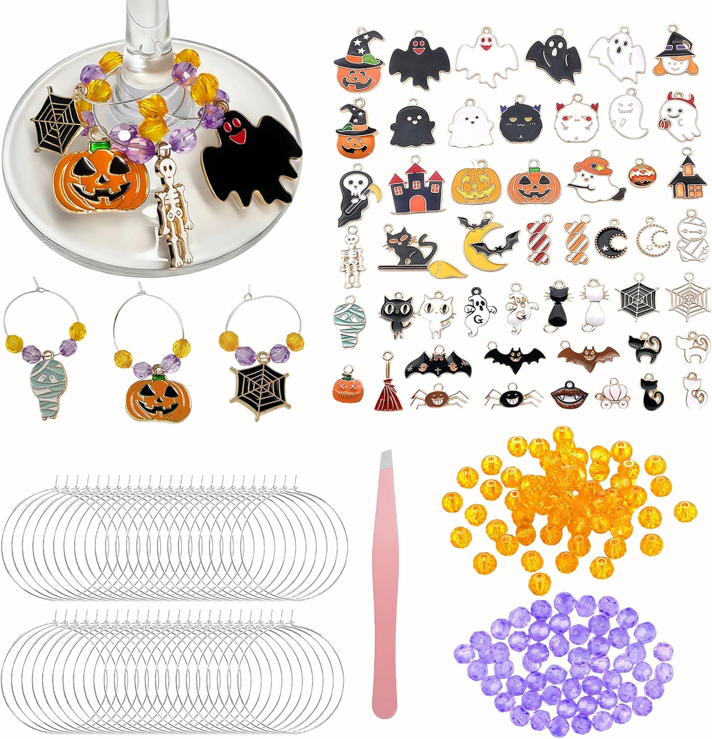 50 Sets Wine Glass Charms, Wine Charms for Stem Glasses, DIY Reusable Drink Markers for Weddings & Bachelorette with Alphabet Beads