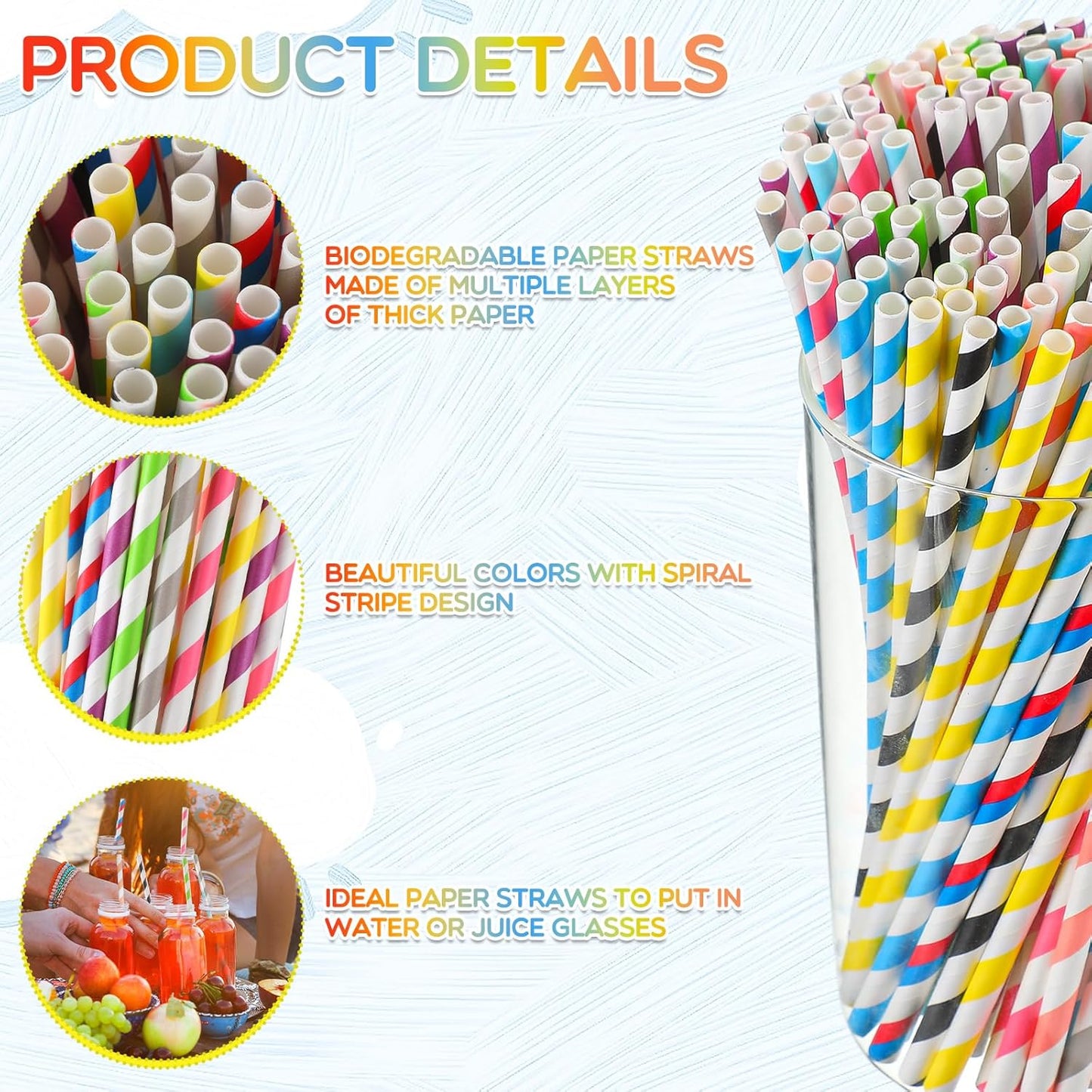 Eaasty 1200 Pcs Colored Paper Straws Bulk Disposable Striped Drinking Paper Straws for Summer Juice, Shakes, Cocktail,7.87 Inches, 0.24'' Diameter (Multicolor)