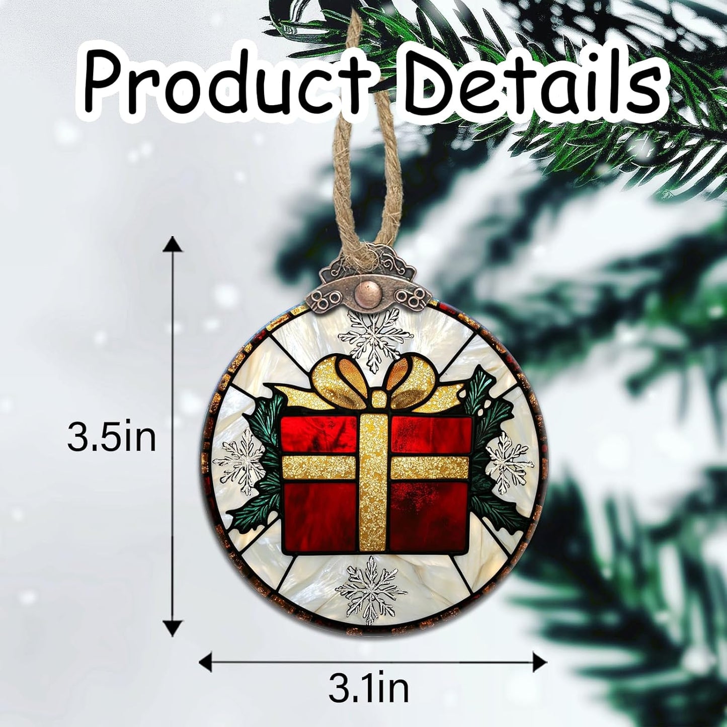 Stained Glass Christmas Decorations, Gold Ribbon Suncatcher for Window Christmas Tree Hanging Ornaments Retro White Snowflake Sun Catcher Xmas Decor Gifts for Women Men Mom Nana Friend