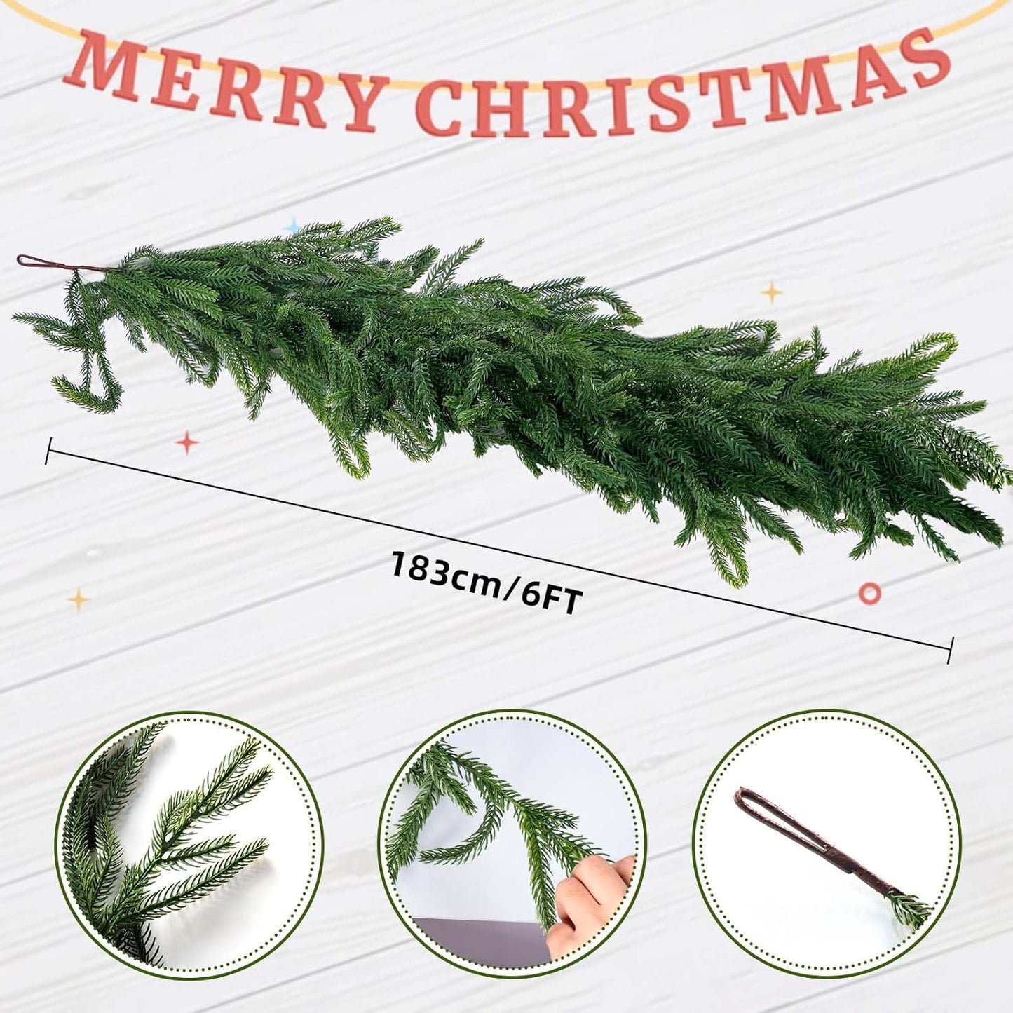 2 Pack 6FT Real Touch Norfolk Pine Garland – Artificial Evergreen Greenery Christmas Decoration for Mantel, Staircase, Table, Indoor Outdoor Rustic Farmhouse Winter Holiday Decor