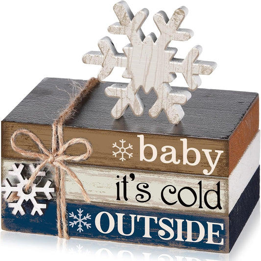 4 Pcs Winter Christmas Decor Winter Table Decorations Christmas Tiered Tray Decor Centerpiece Decorations Indoor Rustic Wooden Snowflake Block Sign Gift Farmhouse for Home Kitchen Shelf