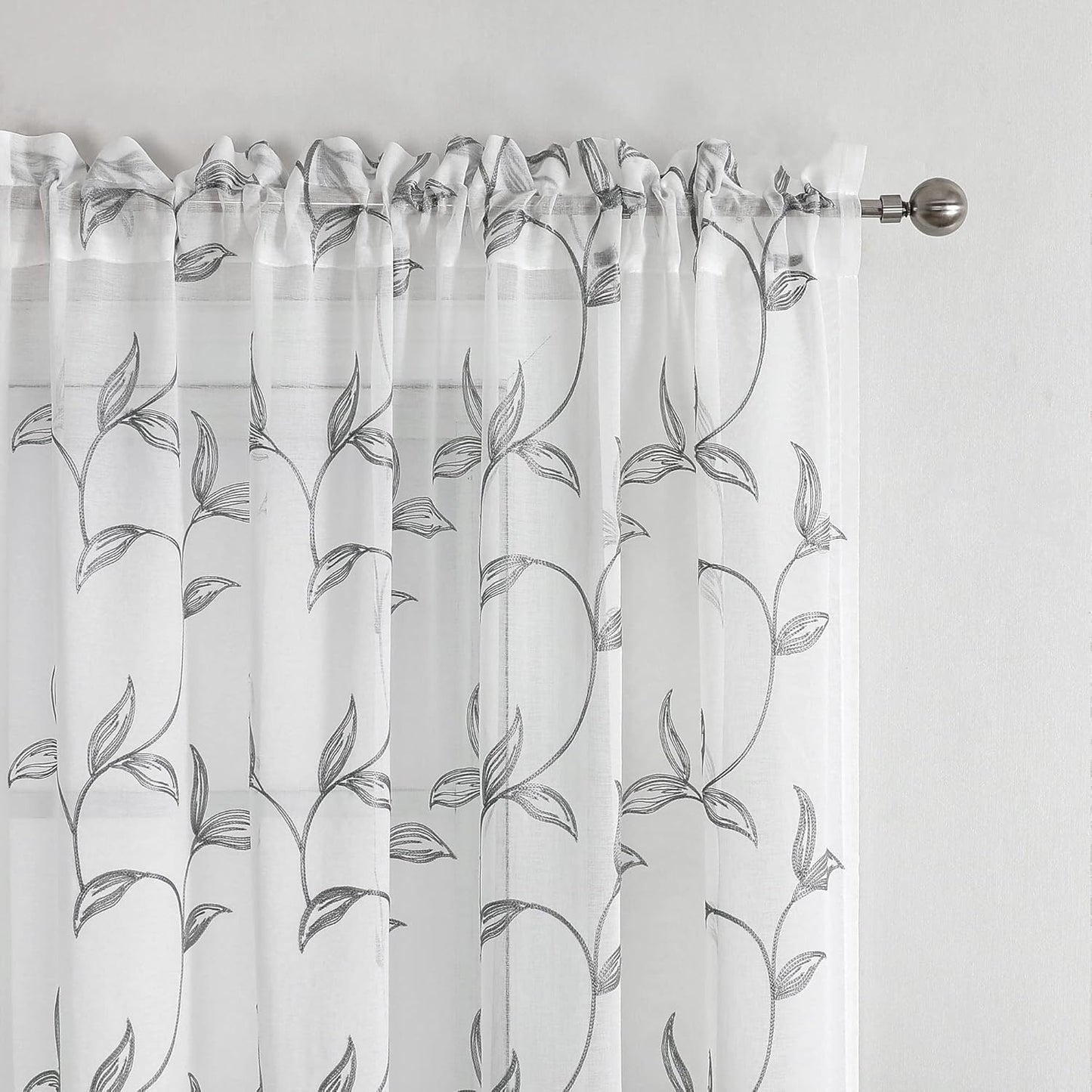 VISIONTEX Sheer Curtains 72 Inch Length 2 Panels, Decor Iron Grey Vine Leaves Embroidery on White Voile Pair, Accent Semi Window Drapes for Kitchen, Living Room and Bedroom, 54" W x 72" L