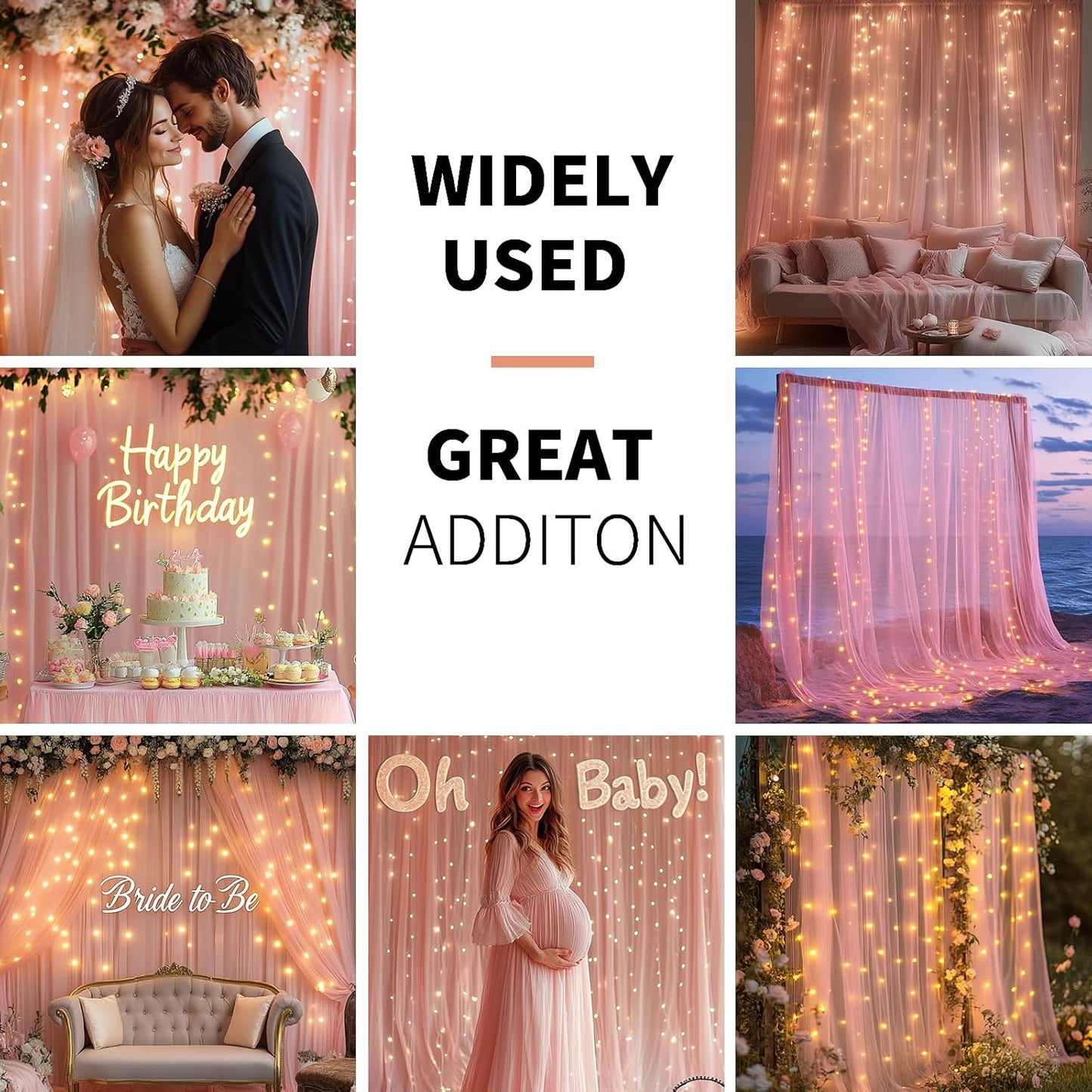 Pink Tulle Backdrop Curtain with Lights String - 10x8ft Sheer Backdrop with 250 LEDs for Wedding, Baby Shower, Bridal Shower, Birthday Party Photo Shoot Background and Home Decorations