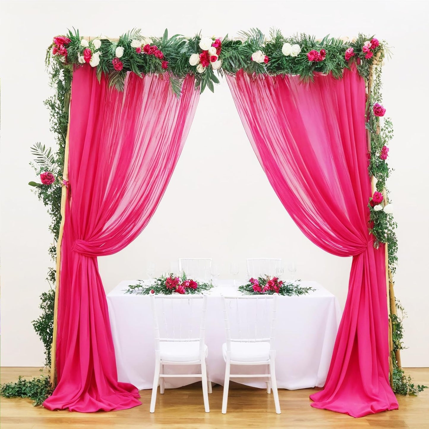 DUOBAO Fuchsia Wedding Backdrop Curtains 2-Pack 96 Inch Long Chiffon Curtain Panels with 4 Inch Rod Pockets for Windows Voile Drapes Treatment Ceremony Sheer Photography Backdrops(5FTx8FT Hot Pink)