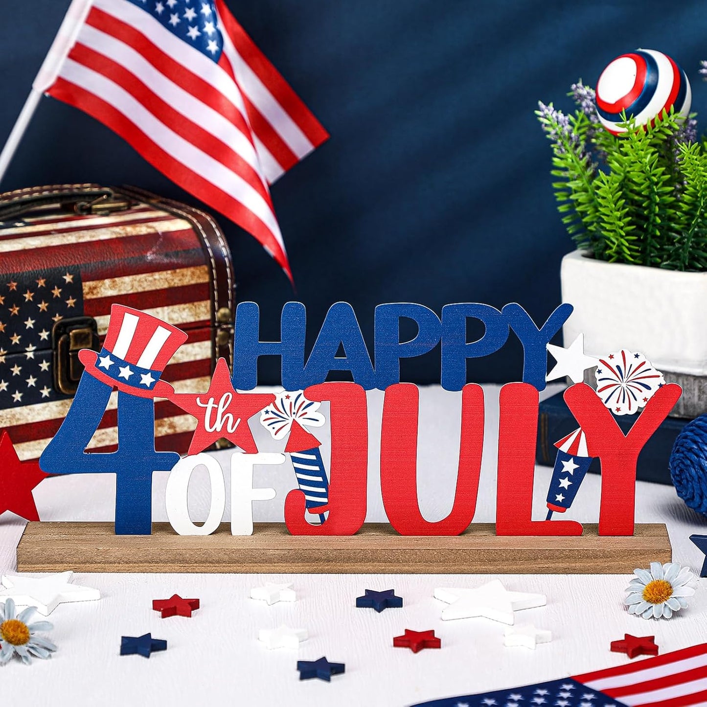 Happy 4th of July/Patriotic Metal Sign Rustic Table Decor Holiday Tiered Tray Decor with Wooden Base Freestanding Metal Word Sign for Home Tabletop Centerpiece Mantel Shelf Fireplace