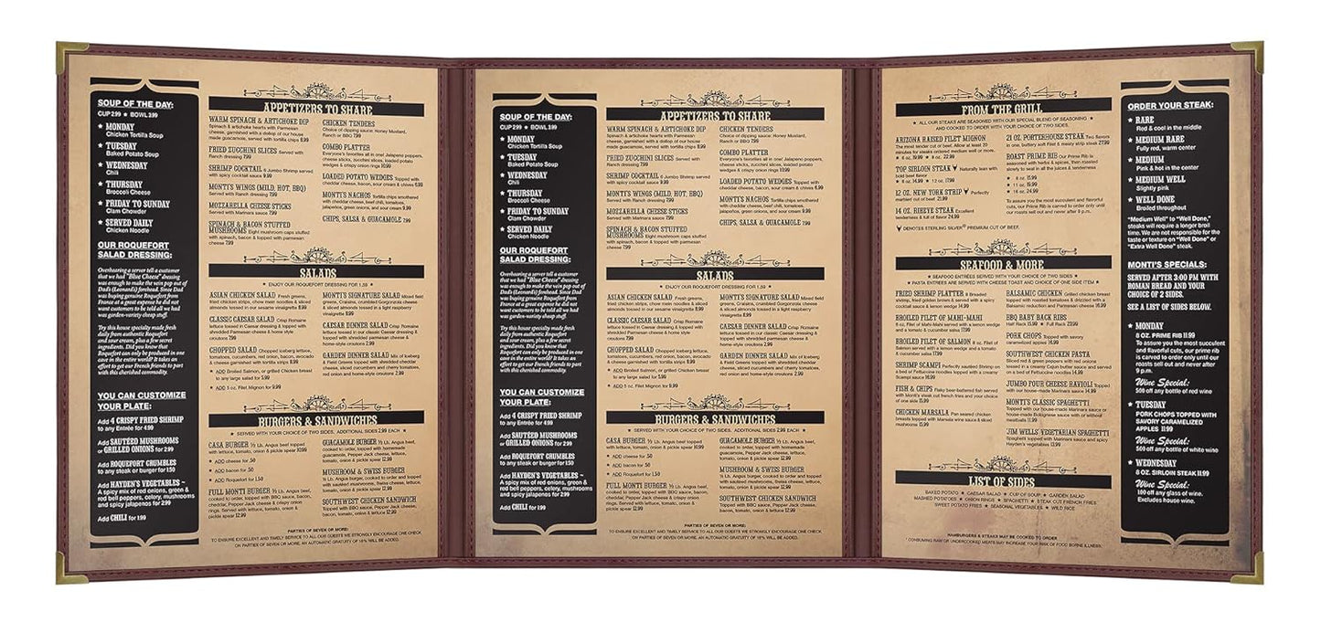 Goodsmart Pajco Style Restaurant Menu Covers – Pack of 10, Side-Load Fold-Out Menu Holders, Single Stitched Edge Clear Vinyl Menu Sleeves, Leatherette Trim Gold Corners, Burgundy, 3 View (8.5" x 11")