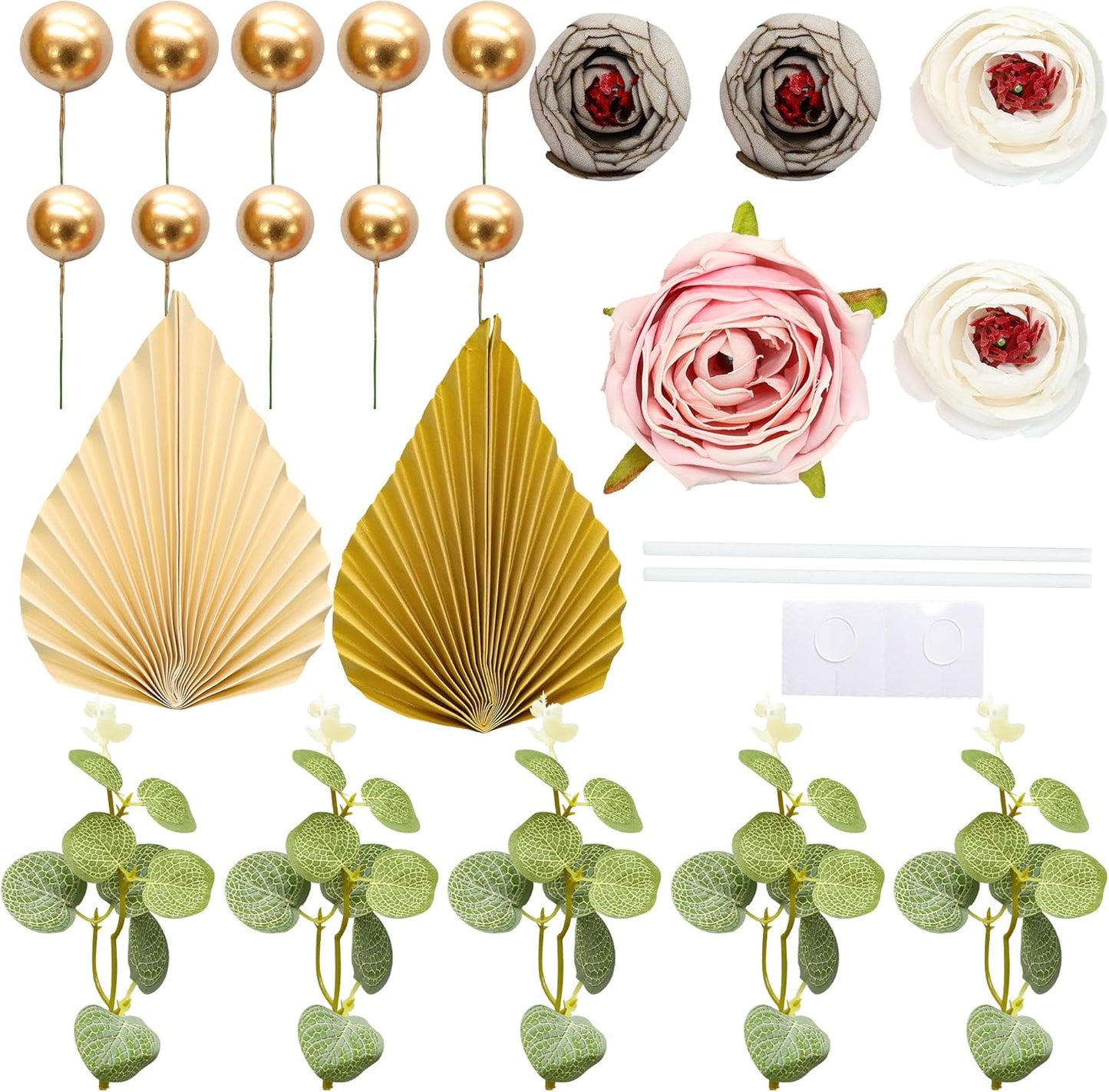 Gyufise 22Pcs Rose Artificial Flower Leaves Cake Topper Decorations Gold Balloon Cake Toppers Leaf Paper Palm Fan Cake Picks for DIY Wedding Birthday Valentine's Day Party Decorations Supplies Beige