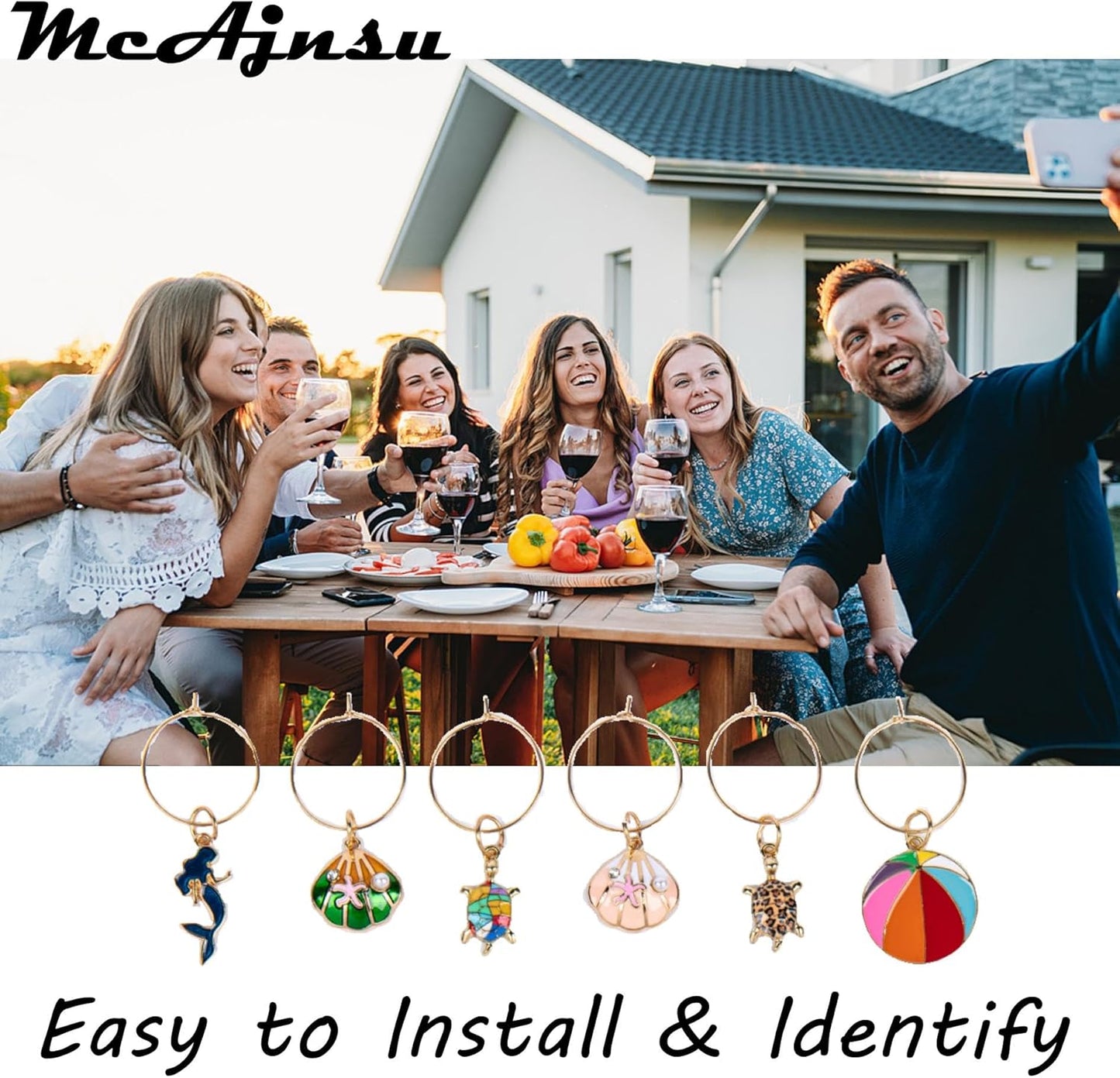 24Pcs Wine Glass Charms & Markers - Reusable Identifier Tags for Stem Glasses - Funny Non-Scratch Charms for Summer Beach, Christmas & Wine Party