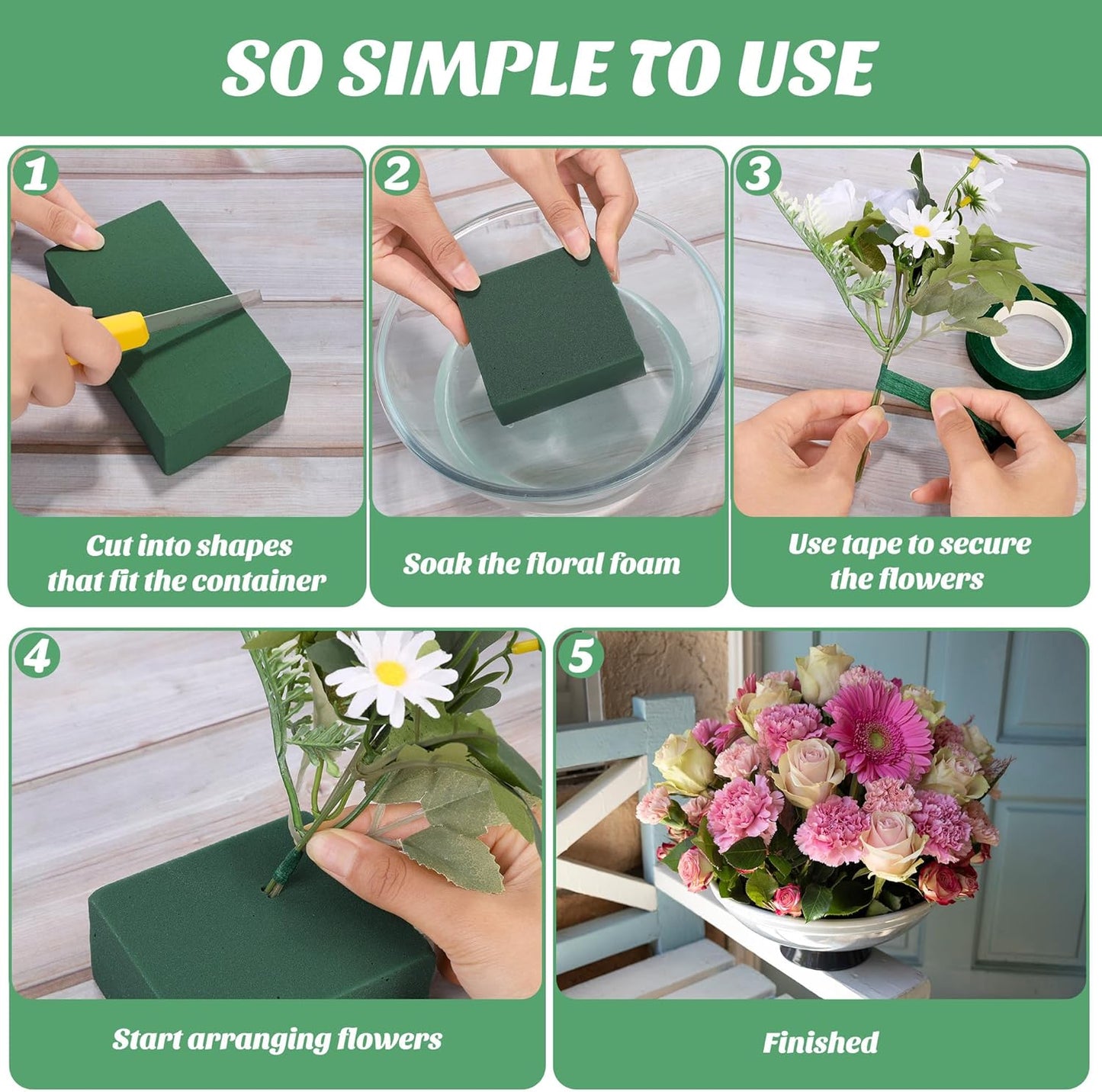 Aneco 24 Pieces Floral Foam Blocks with 6 Rolls Floral Tape 5.5''L x 3.1''W x 1.8''H Green Square Flower Foams Flower Arrangements Supplies for Dry & Wet Flower Wedding Home Decor and DIY Crafts