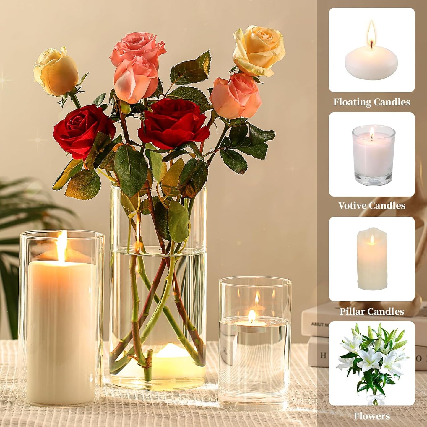 PHOSPHOR Hurricand Candle Holder 24 PCS, Glass Pillar Candle Holder, Clear Glass Cylinder Candleholder Glass Cylinder Vase for Centerpieces Wedding Party Decoration