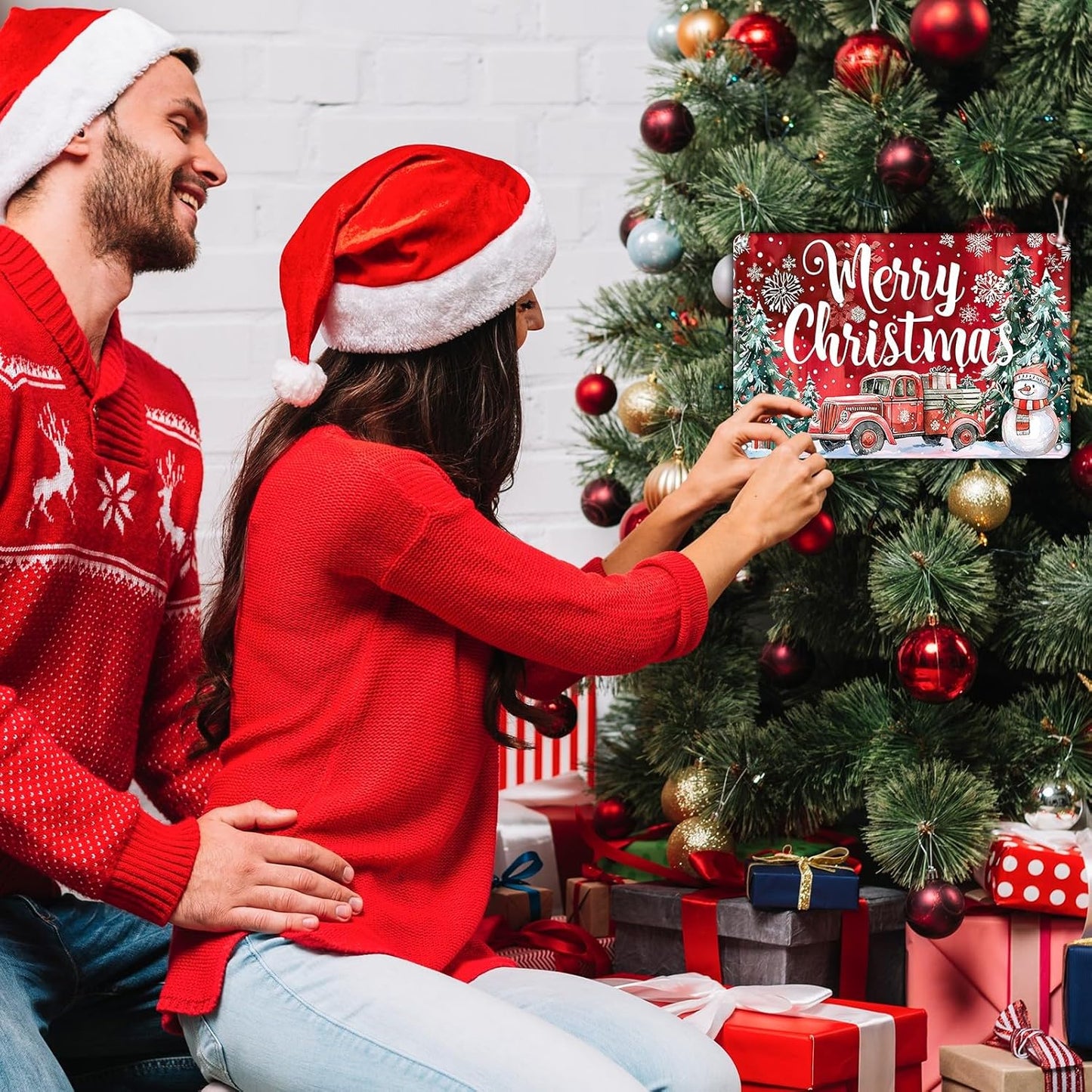 Christmas Truck Metal Tin Sign Merry Christmas Sign Funny Snowman Tin Sign Christmas Tree House Decoration for Indoor Home House Decor Party Supplies 12x16Inch