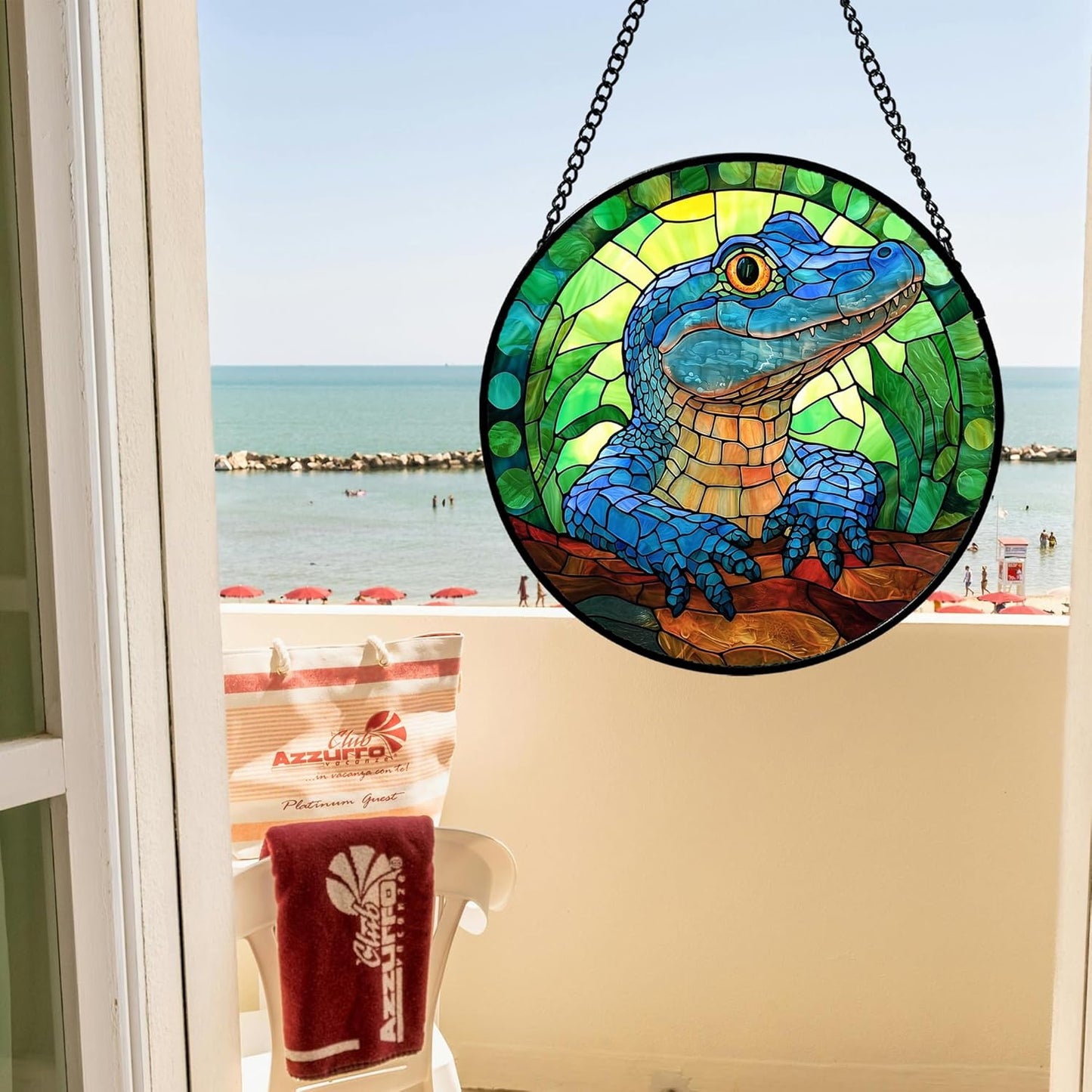 Stained Glass Window Hanging, Blue Alligator Sun Catcher for Window Door Home Decor Green Brown Suncatcher Christmas Mother's Day Birthday Gifts for Women Men Mom and Nana 7.8 in