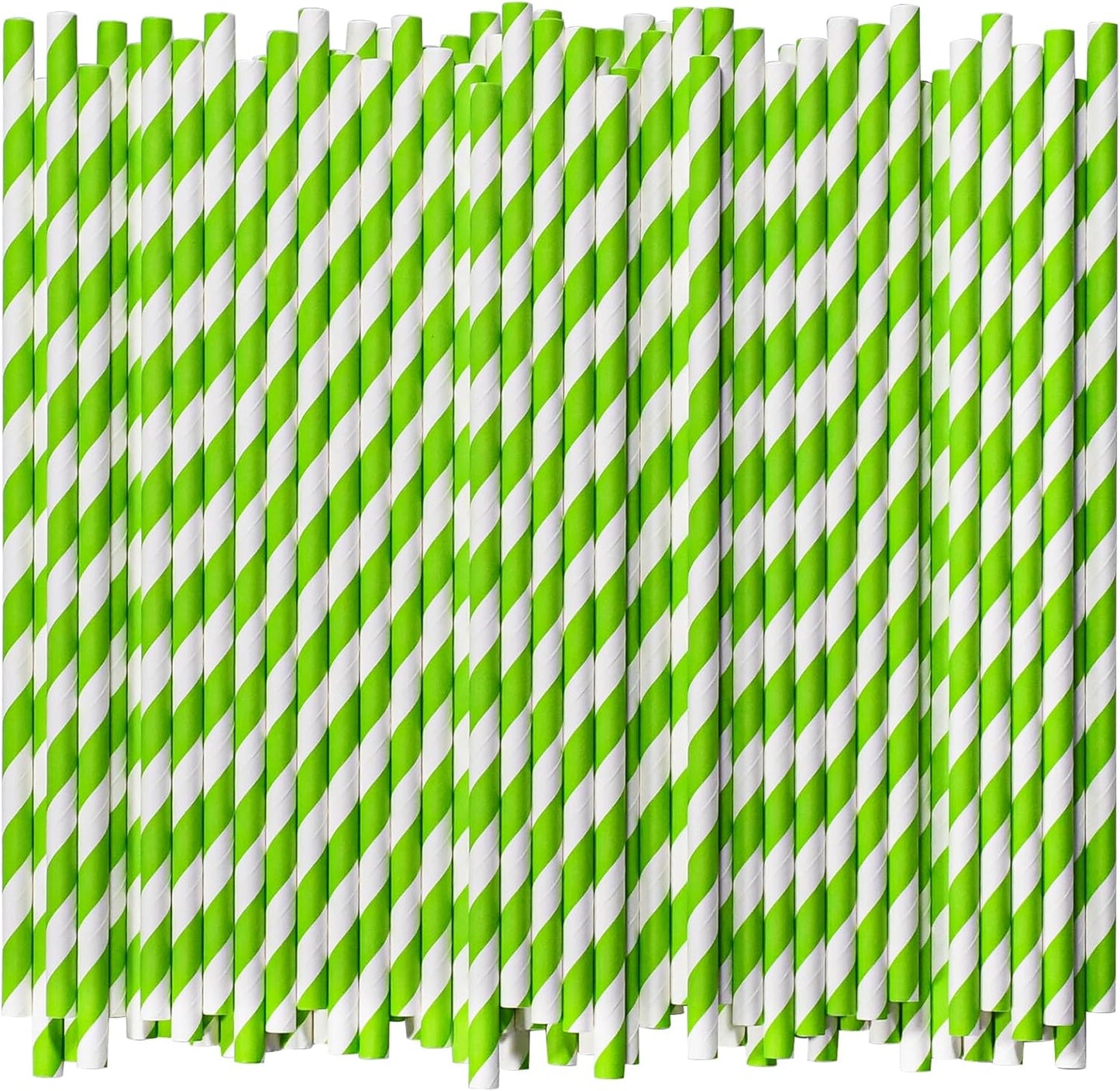 [1000 Count] 7.75 Inch Green/White Striped Paper Drinking Straws Bulk, 100% Biodegradable