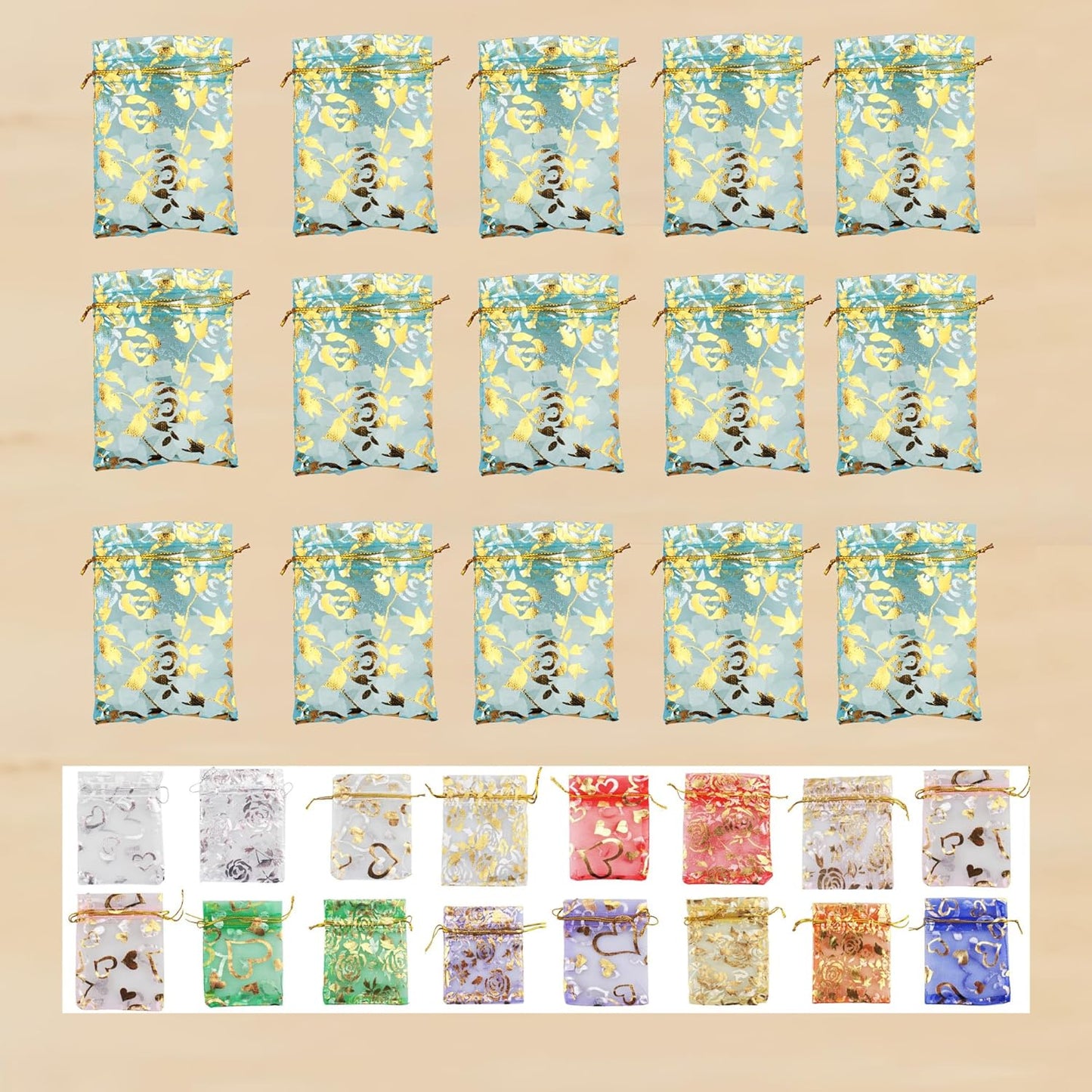 100 Pack 2.8 x 3.5 Inch Flower Heart Organza Jewelry Gift Pouch Candy Pouch Drawstring Wedding Favor Bags B511S (turquoise gold flower)