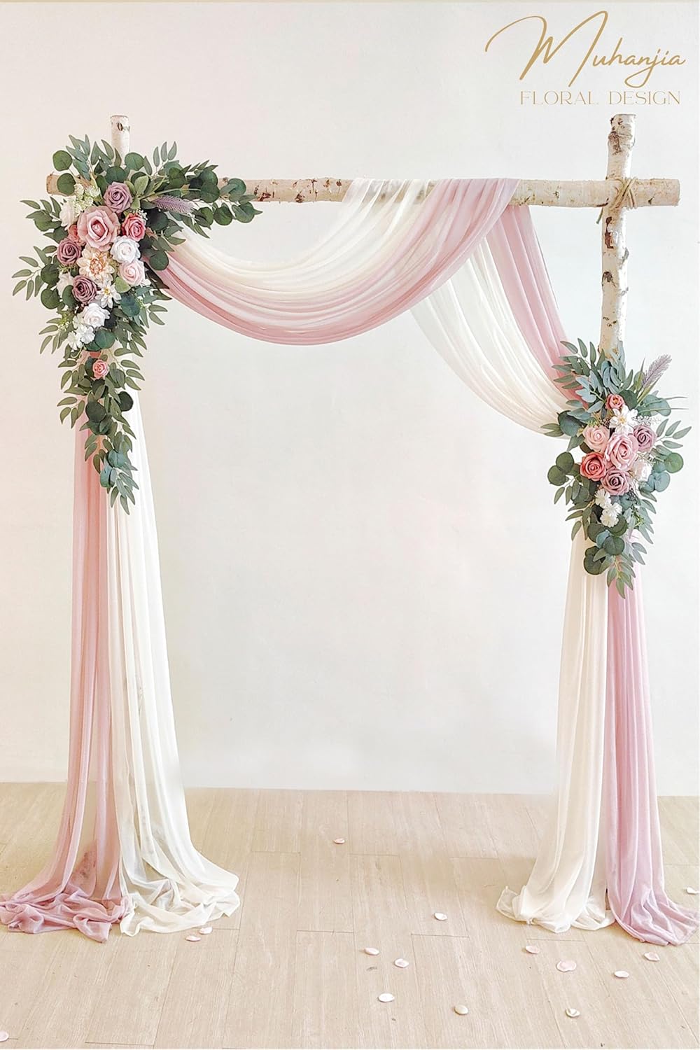 Artificial Wedding Arch Flowers Kit(Pack of 4),2Pcs Artificial Flower Arch Decor, 2Pcs Chiffon Fabric Drapes, Ceremony Decoration, Floral Outdoor Party Decor (Dusty Rose & Champagne)