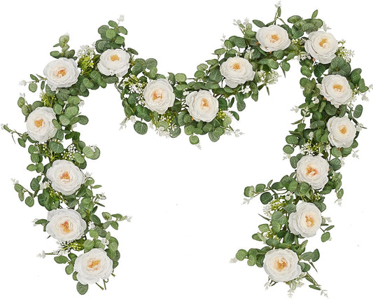Dolicer 2Pcs 13Ft Artificial Eucalyptus Garlands with Flowers, Faux Floral Greenery Garlands Fake Flowers Vines for Wedding Table Centerpieces Arch Party Ceremony Backdrop Decor (White)