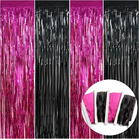 BEISHIDA 4 Pcs Hot Pink Black Door Streamers Curtain Party Streamers Backdrop Pink Party Hot Pink Wall Background for Party Decoration Photo Booth Props(3.28 ft x 6.56 ft)