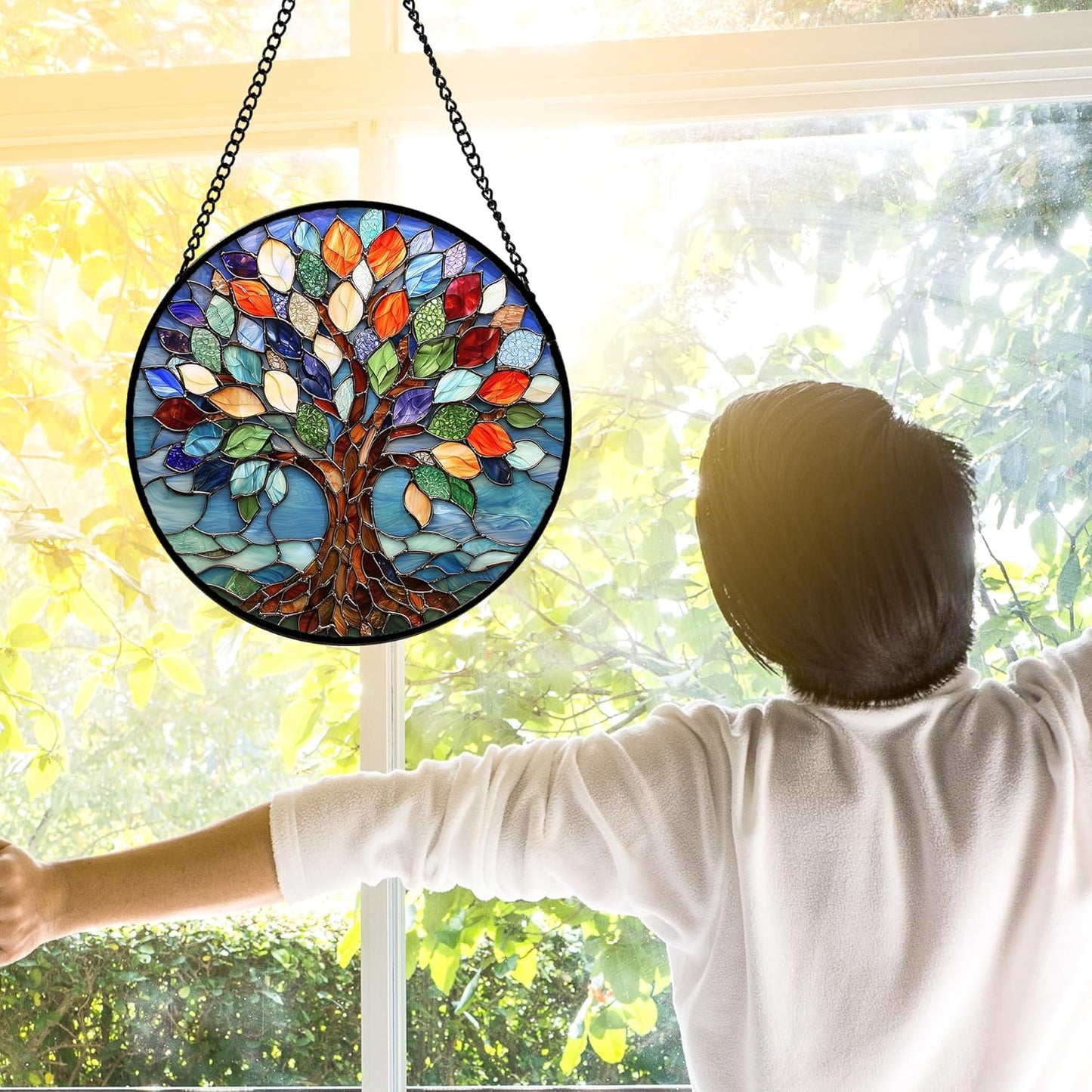 Stained Glass Window Hanging, Colorful Tree of Life Sun Catchers Glass Panel Blue Suncatcher Decor for Birthday for Women, Men, Wife, Aunt, and Mom 7.8 in
