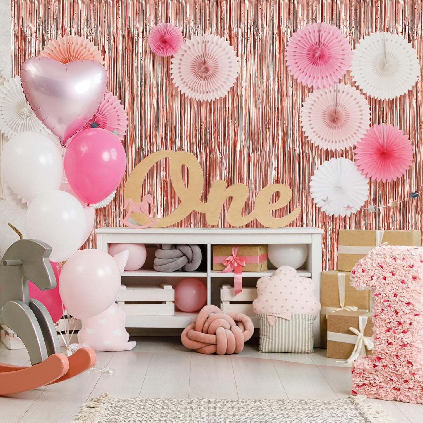 Crosize 2 Pack 3.3 x 9.9 ft Rose Gold Foil Fringe Backdrop Curtain, Streamer Backdrop Curtains, Streamers Birthday Party Decorations, Tinsel Curtain for Parties, Photo Booth Backdrops, Party Décor