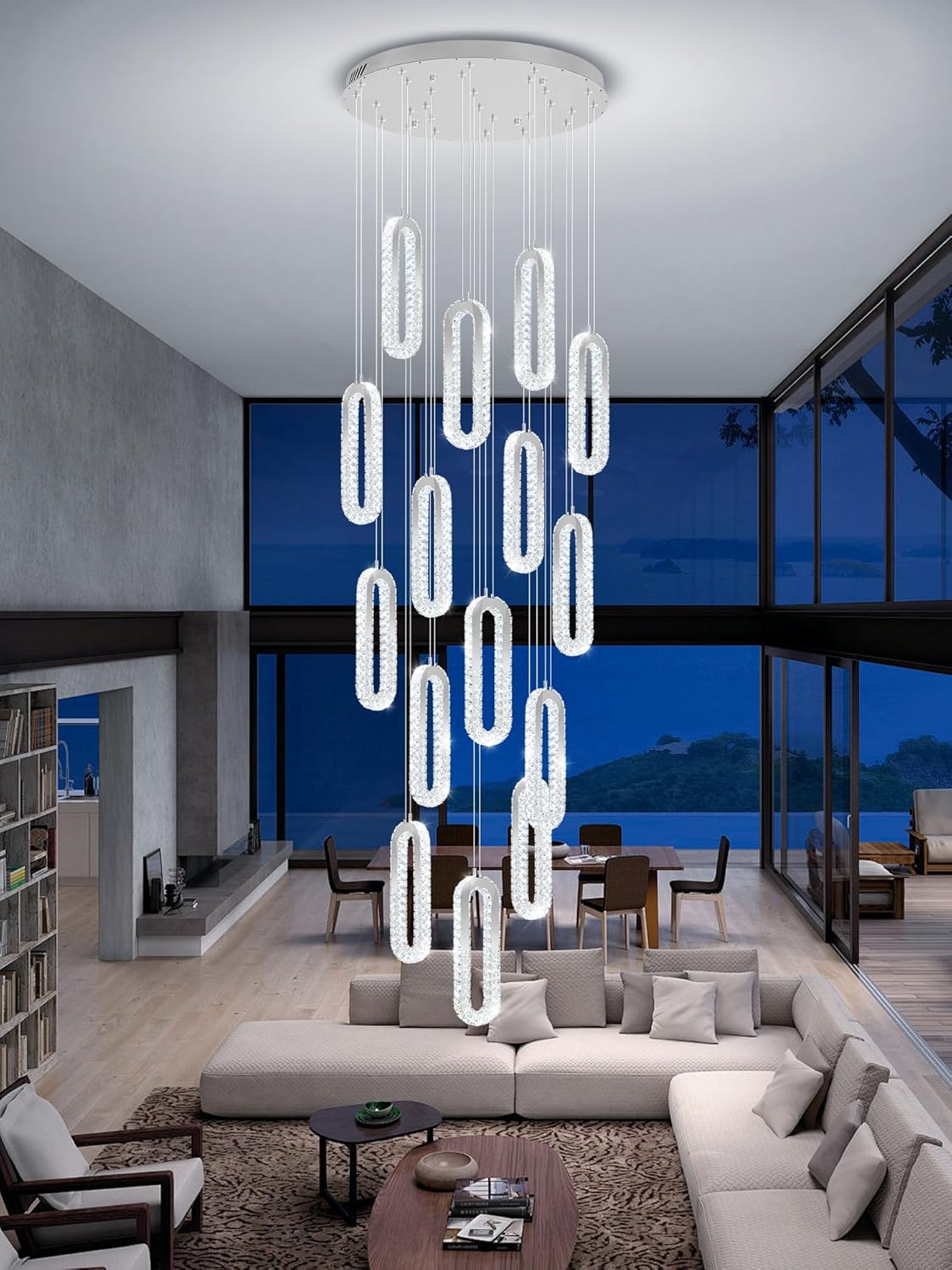 H138 Large Chandelier for High Ceiling,Modern 16-Rings Crystal Chandeliers for Entryway,Silver Pendant Light for Living Room,Foyer,Entryway LED Dimmable Staircase Chandelier