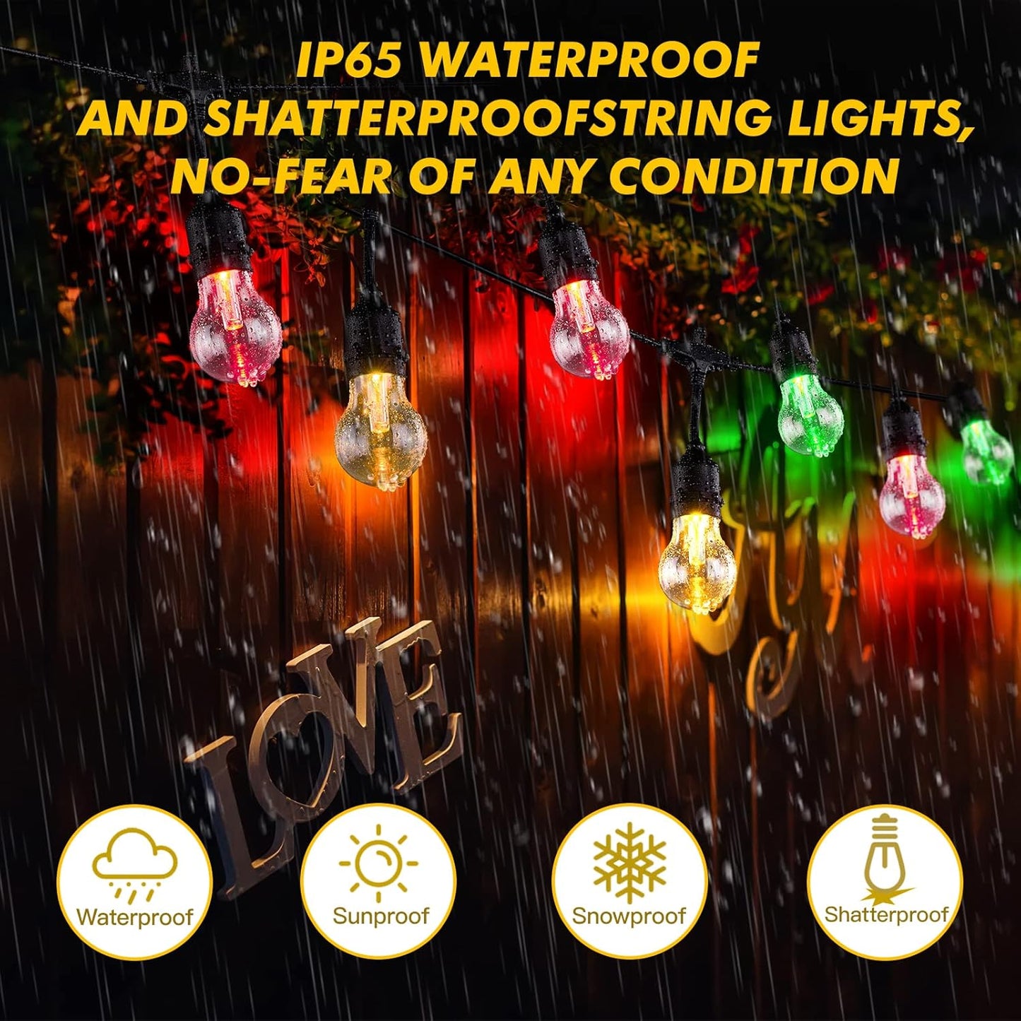Solar Outdoor RGB String Lights, 48FT Dimmable Patio Lights with 15 Shatterproof Edison Bulbs, Commercial Grade Waterproof LED String Lighting with Remote for Party, Garden, Yard