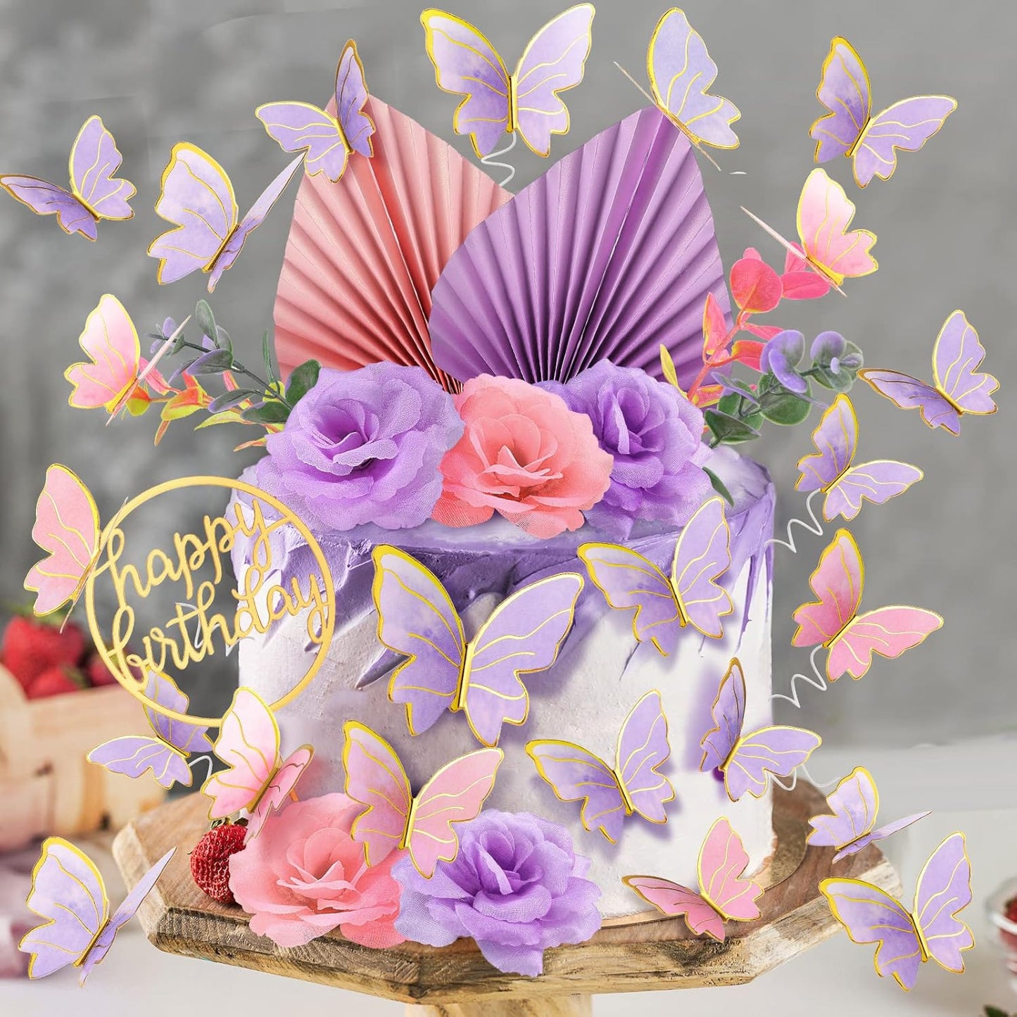 Shimeyao 52 Pcs Wedding Birthday Gold Cake Decoration Boho Cake Topper Pink Purple Flower Butterfly Palm Leaves Balls Toppers for Women Baby Shower Party Decoration(Candy Color)