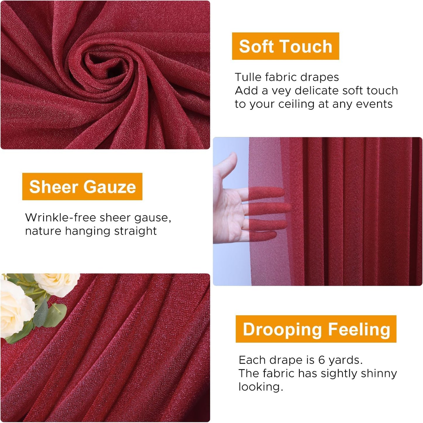 Wedding Arch Draping Fabric 6 Panels 28.7" x 20FT Burgundy Sheer Chiffon Backdrop Drapes for Wedding Ceremony Birthday Party Bridal Shower Outdoor Decoration