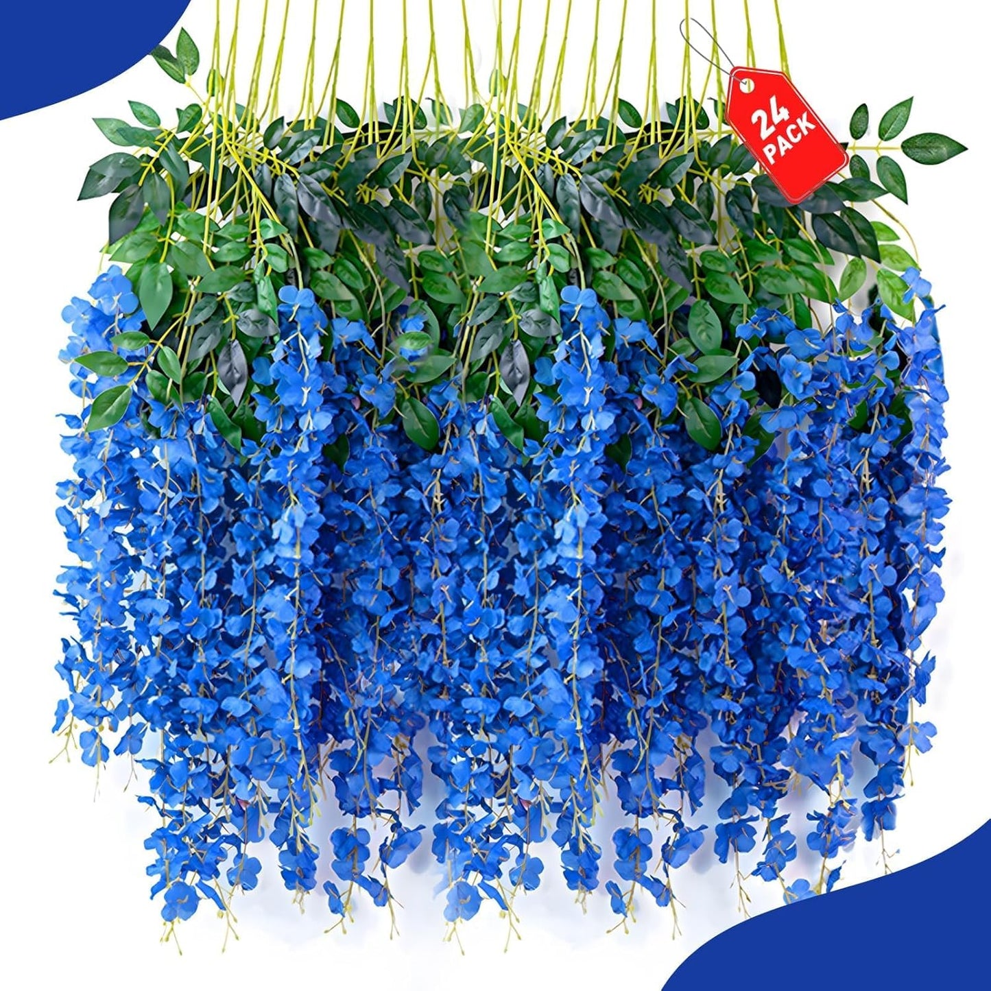 24 Pack Royal Blue Wisteria Hanging Flowers, 3.4 Ft Fake Hanging Flowers, Artificial Wisteria Garland Vines for Wedding Room Backdrop Outdoor Patio Garden Decoration