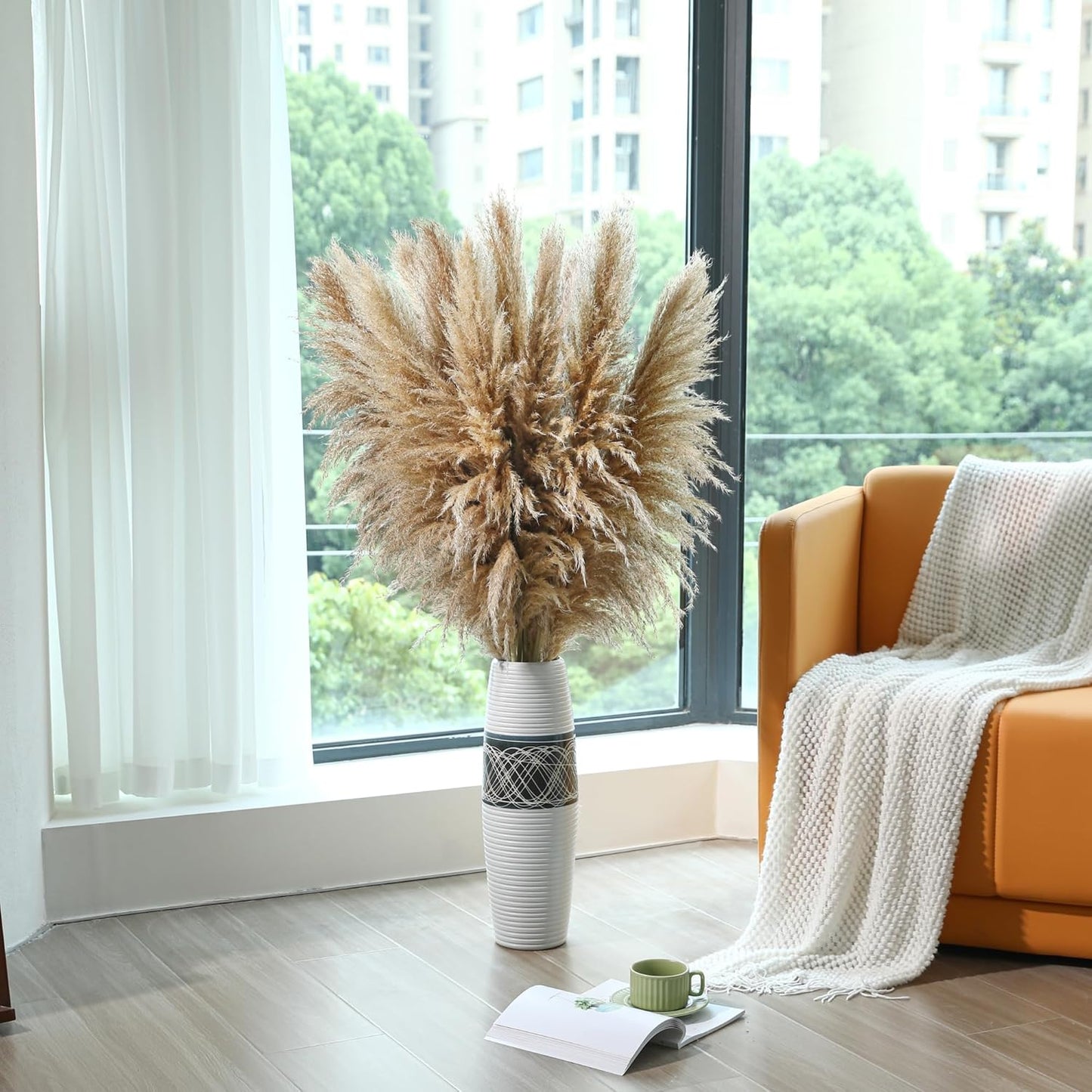 12 Stems 46 inch Tall Pampas Grass Decor - Large Fluffy Dried Pompas Grass for Floor Vase - Rustic Wedding, Baby Shower, Party, Farmhouse, Boho Home Decor…