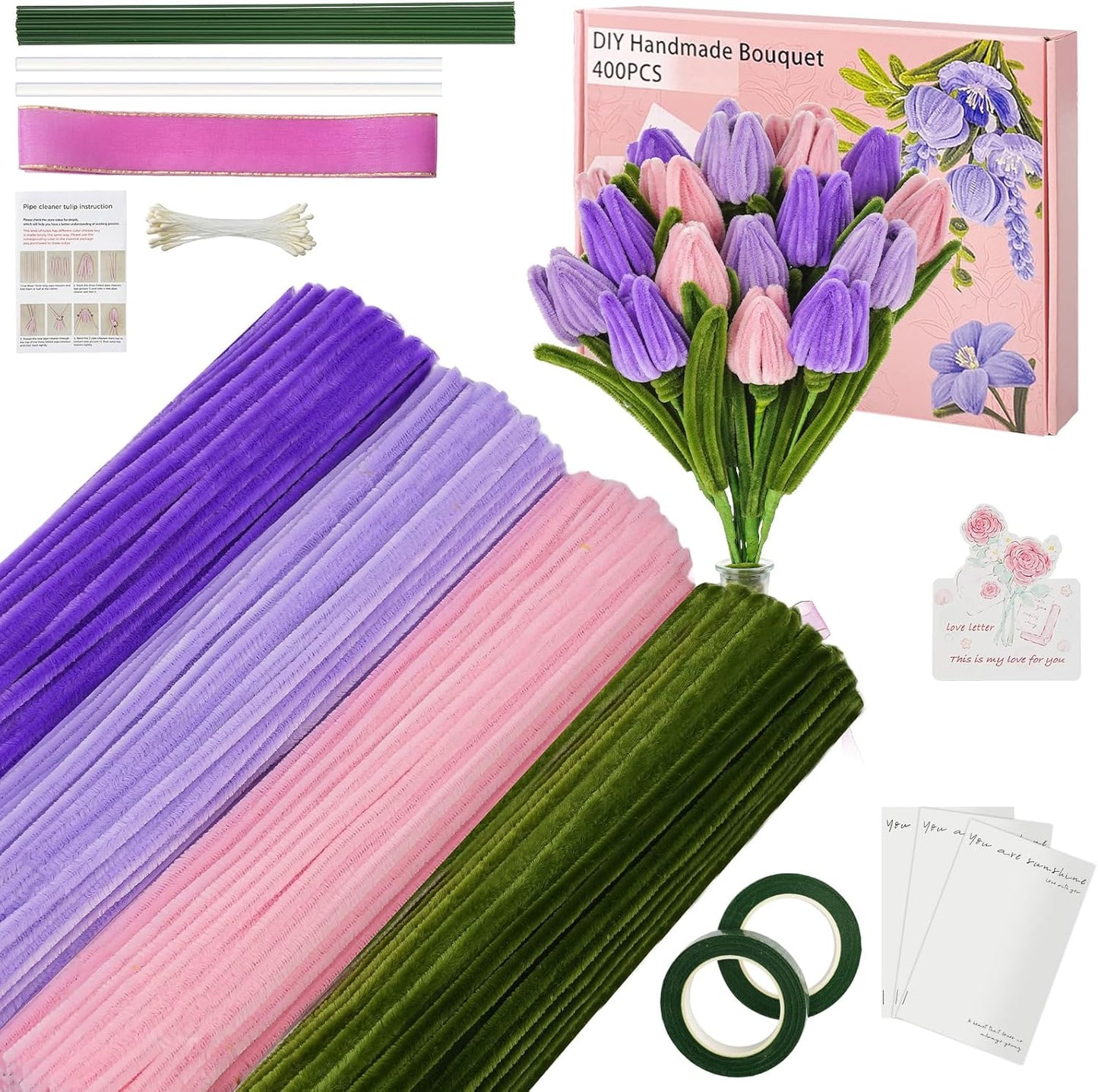 400 Pcs Chenille Stems Flowers Craft Kit,4 Colors Soft Pipe Cleaners Bulk for DIY Floral Arrangements with Floral Wires, Gardening Tape,Hot Glue Stick,Greeting Card,Bouquet Paper, Stamen & Ribbon