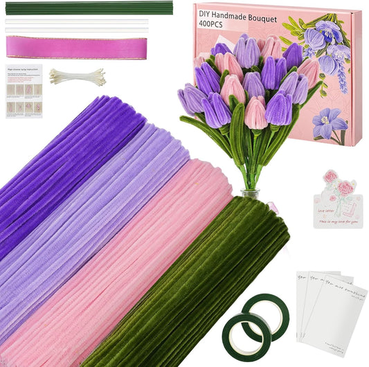 400 Pcs Chenille Stems Flowers Craft Kit,4 Colors Soft Pipe Cleaners Bulk for DIY Floral Arrangements with Floral Wires, Gardening Tape,Hot Glue Stick,Greeting Card,Bouquet Paper, Stamen & Ribbon