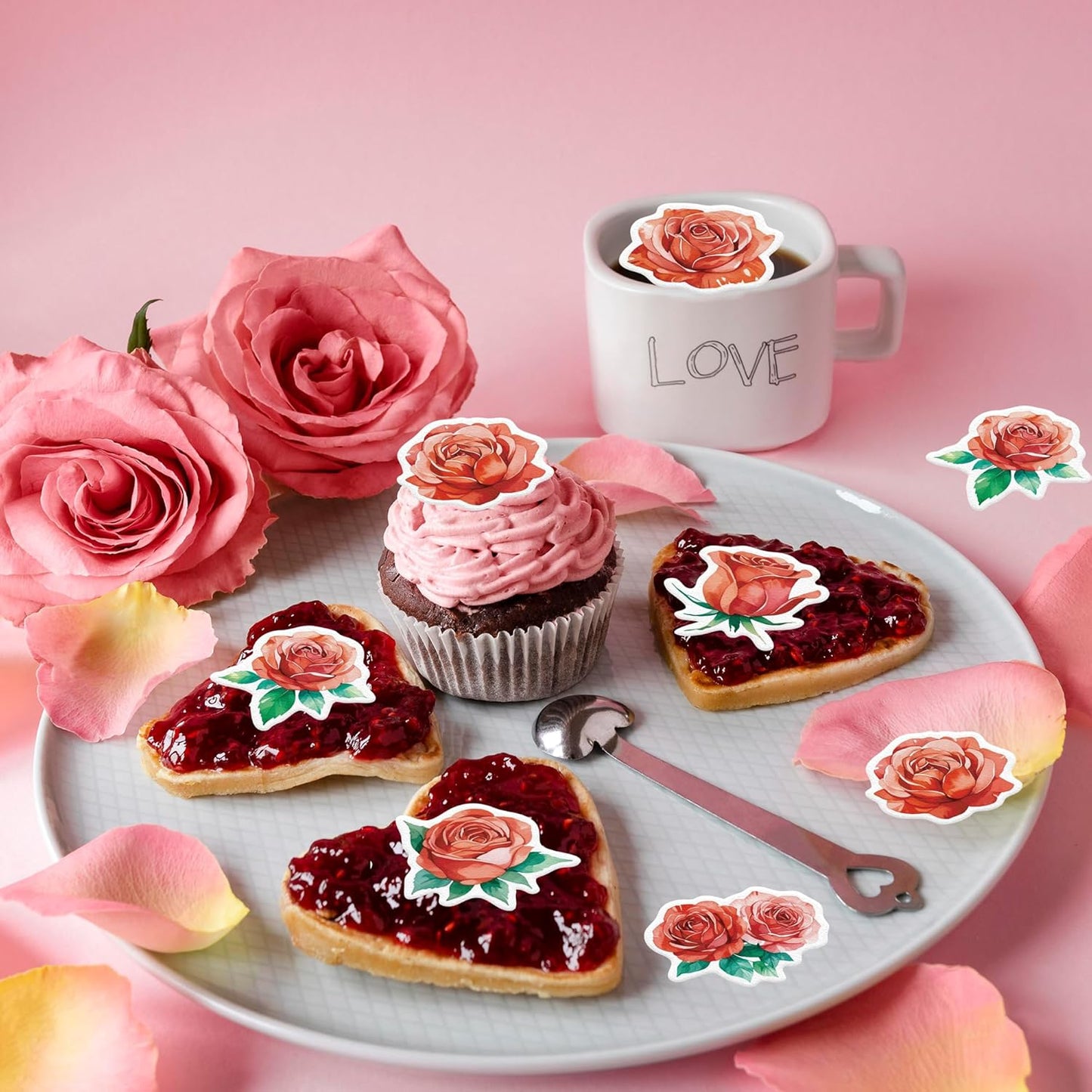 48PCS Edible Rose Flower Cupcake Toppers Wafer Paper Roses Decorations Flower Birthday Party Decorations Rose Cake Toppers for Wedding Engagement Birthday Party Cake Decor Supplies (Red)