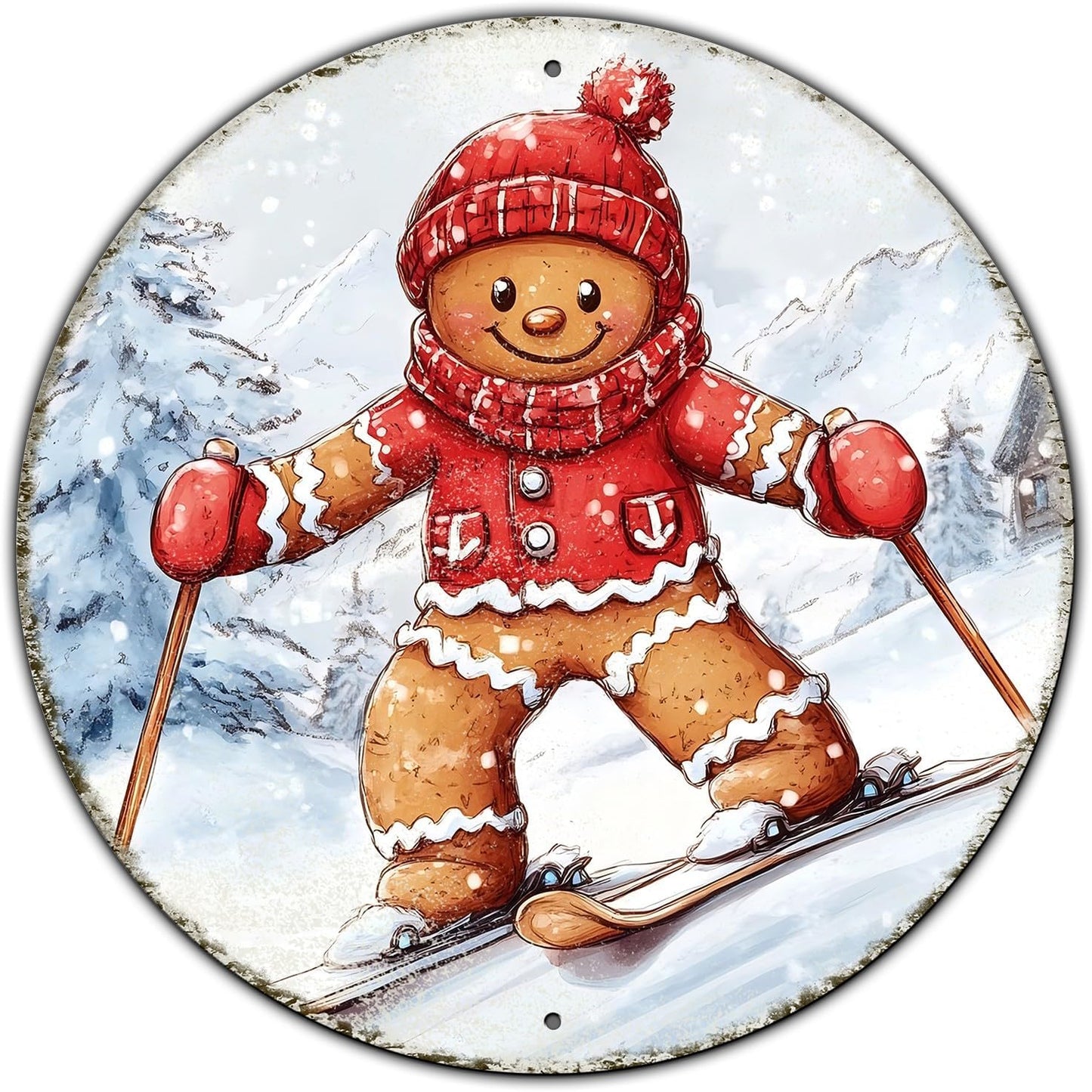 Round Gingerbread Man Ski Vintage Metal Sign Skiing Sign, Office Sign Home Décor Ski Lodge Décor Cabin Tin Sign 8 * 8 in