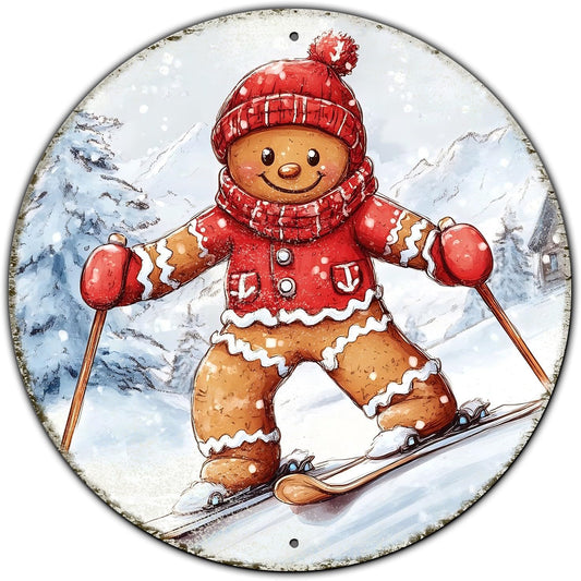 Round Gingerbread Man Ski Vintage Metal Sign Skiing Sign, Office Sign Home Décor Ski Lodge Décor Cabin Tin Sign 8 * 8 in