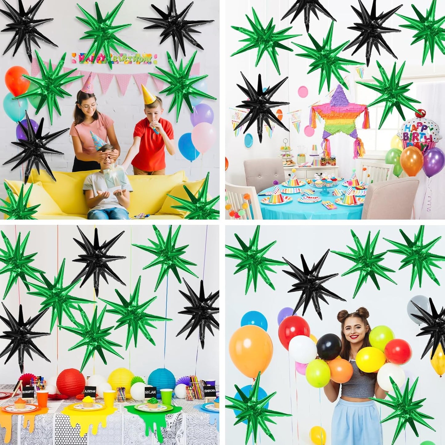 Black Green Star Balloons,9Pcs 22Inch Black Green Explosion Spike Cone Helium Polyester Film Star Foil Balloons for Birthday Anniversary Baby Shower Disco Party Decorations