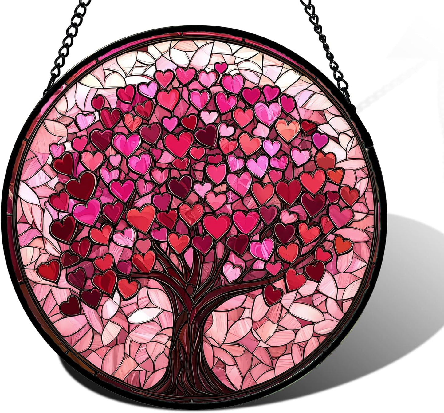 Stained Glass Window Hanging, Pink Love Tree of Life Sun Catchers Colorful Glass Panel Suncatcher Decor for Birthday for Women, Men, Wife, Lovers, and Mom 9.8 in
