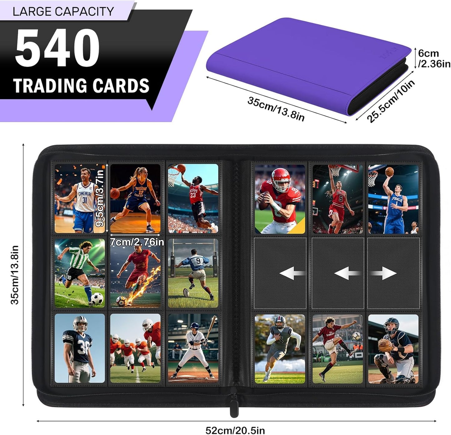 Trading Card Binder 9 Pocket, Zofly Zipper Card Collection Binder Album, Sturdy 540 Side-Loading Card Folder Holder for MTG, TCG, Sports Cards, Game Cards, Purple