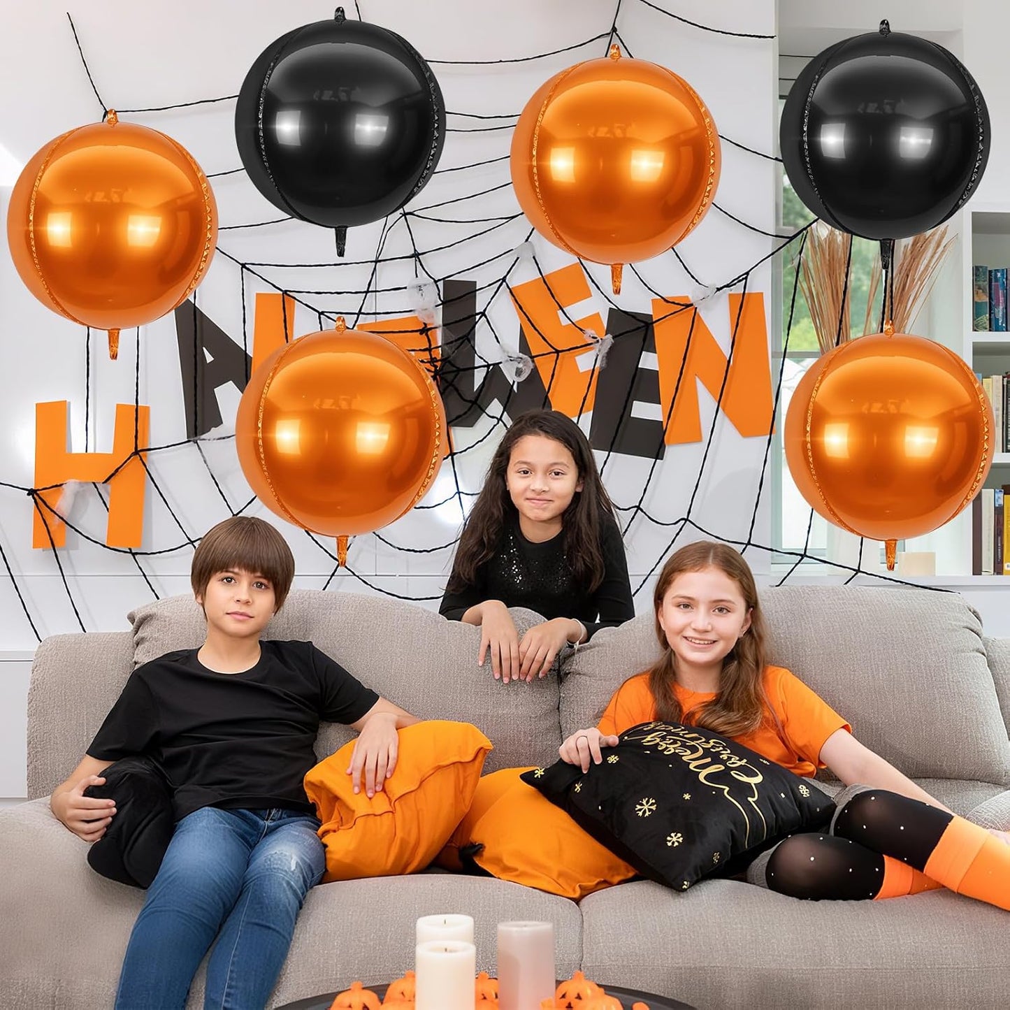 6Pcs Black Orange Round Foil Balloons,Giant 4D Round Ball Balloon,22 Inch Metallic Orange Black Balloons for Halloween Graduation Spooky Party Decorations