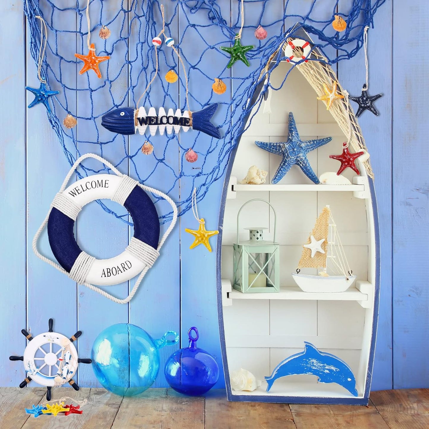 Marsui 11 Pcs Wooden Nautical Wall Decor Fishing Net Decorations, Include Decorative Fishing Net, Ship Wheel, Fish Skeleton, Life Ring, Anchor, Starfish Beach Decor for Mediterranean Party (Blue)