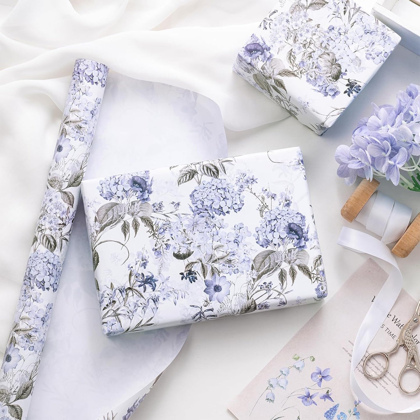 RUSPEPA Floral Wrapping Paper Roll for Women Girls, Mini Roll, Elegant Hydrangea Flower Design Gift Wrap Paper Perfect for Wedding, Birthday, Mother's Day, Spring, Bridal Shower, 17 Inch x 16.4 Feet