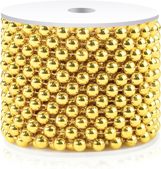 Craft String Pearls 8MM Pearl Bead, 33 Feet Gold Faux Pearl Garland Spool Roll Strand Wedding Party Decoration, Christmas Tree Decorations