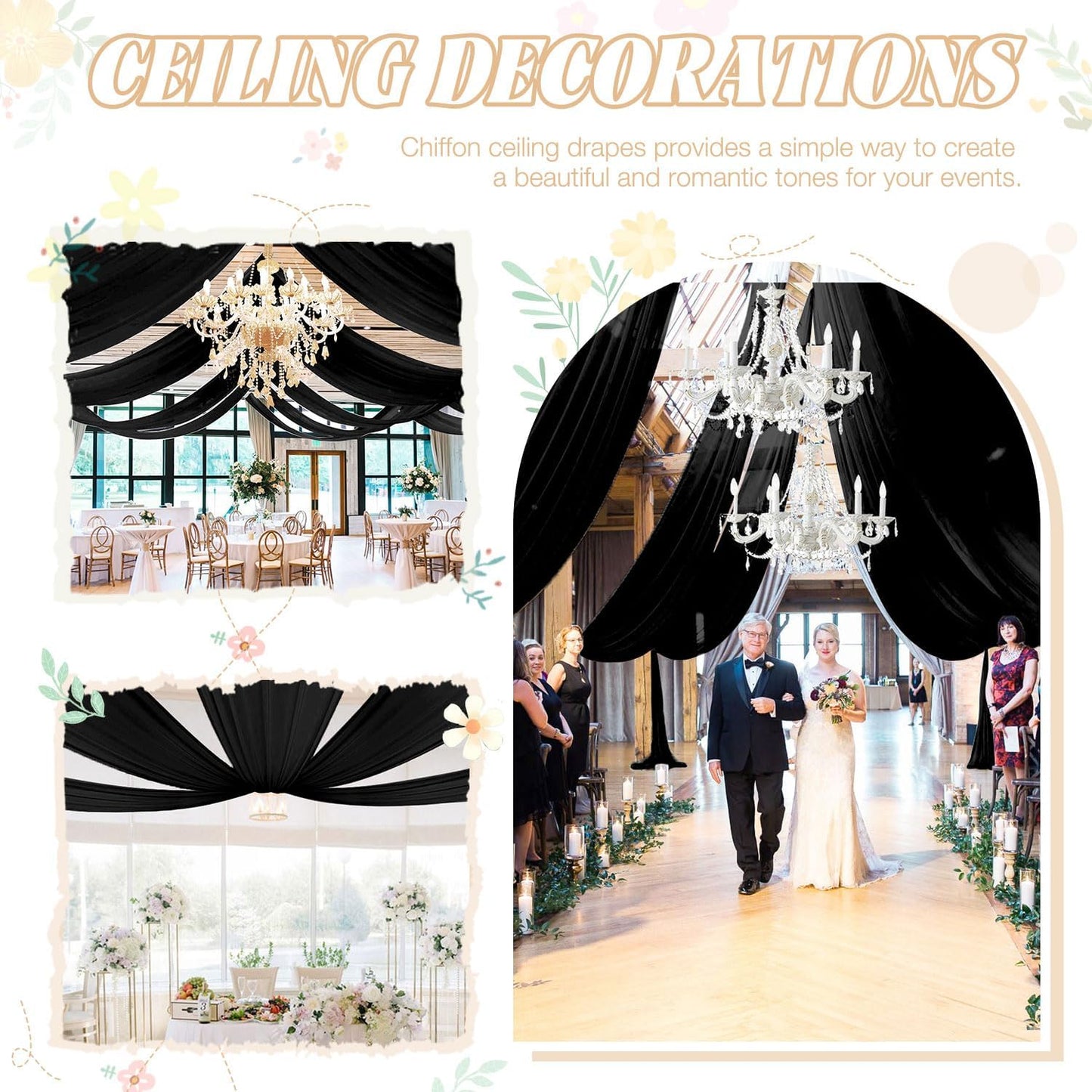 FUHSY Ceiling Drapes Black Wedding Arch Draping Sheer Backdrop Curtains for Parties 4 Panels 5x20 FT Chiffon Fabric for Drapey Tulle Curtains Tent Ceiling Fabric Draping Fabrics Decorations