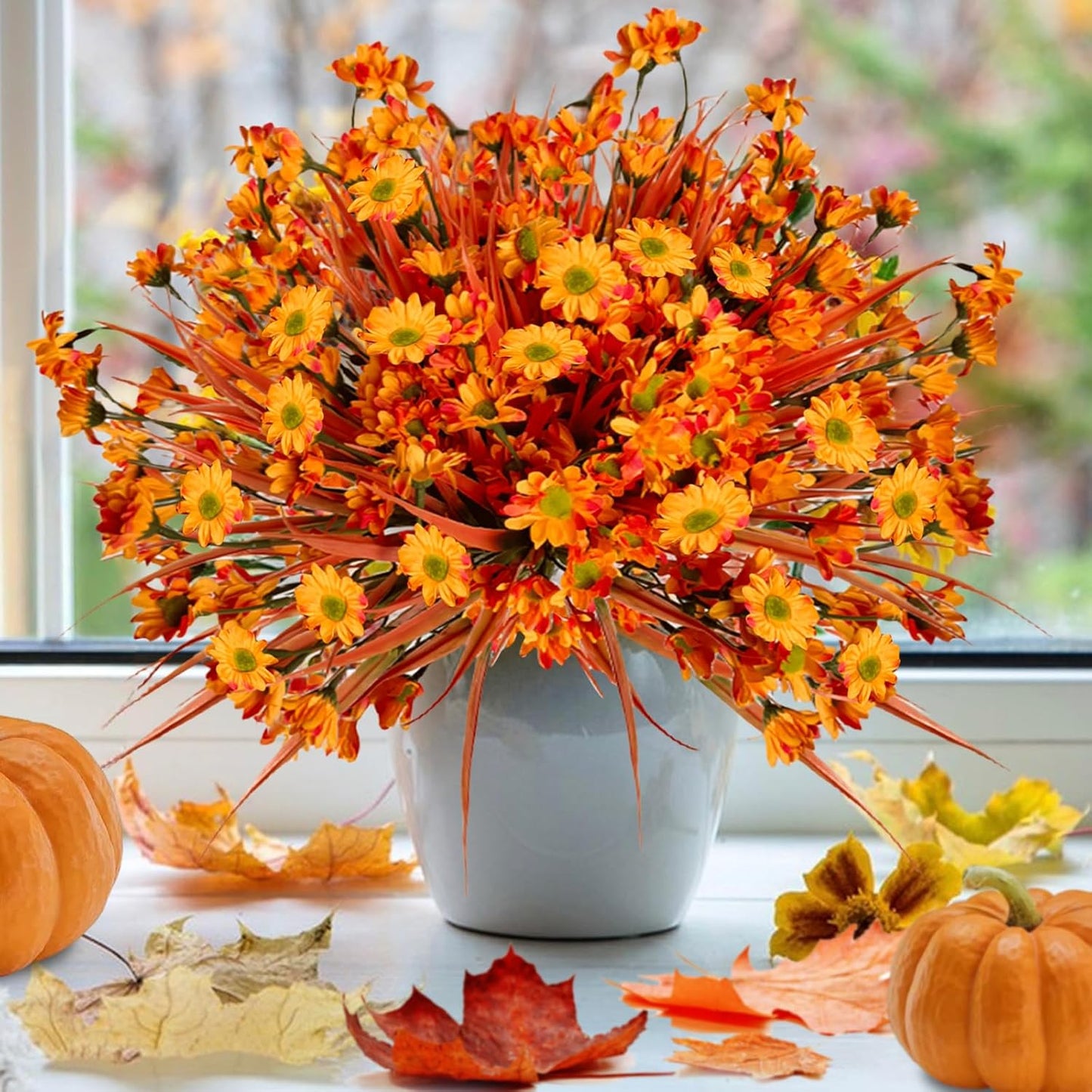 Fake Mums Fall Flowers Artificial for Decoration, 12 Bundles Faux Plants Silk Orange Flowers Realistic UV Resistant for Outdoors Planter Porch Garden Balcony Patio Window Box