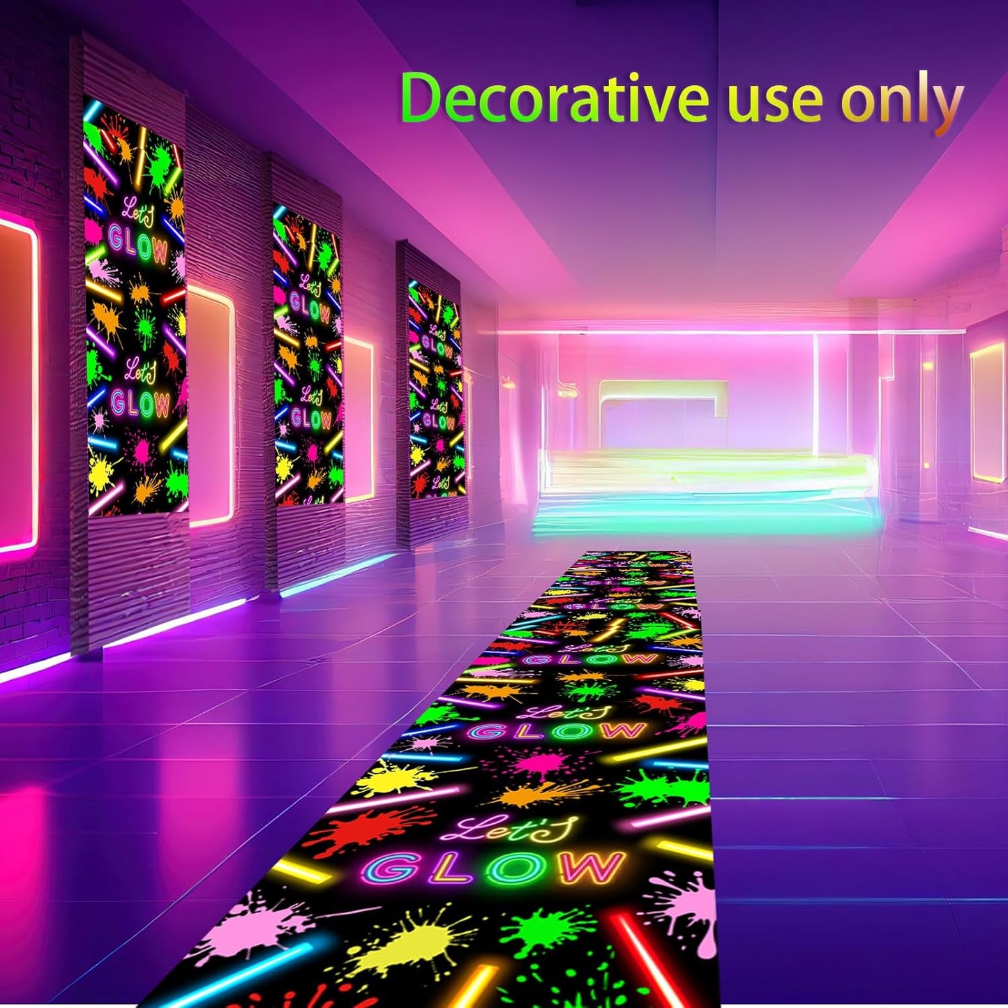 Haull 118 x 39 Inch Neon Light up Dance Floor Glow in The Dark Runner UV Reactive Blacklight Floor Aisle Runner Decor Wall Props for 80s 90s Neon Birthday Party Decorations(Let's Glow)