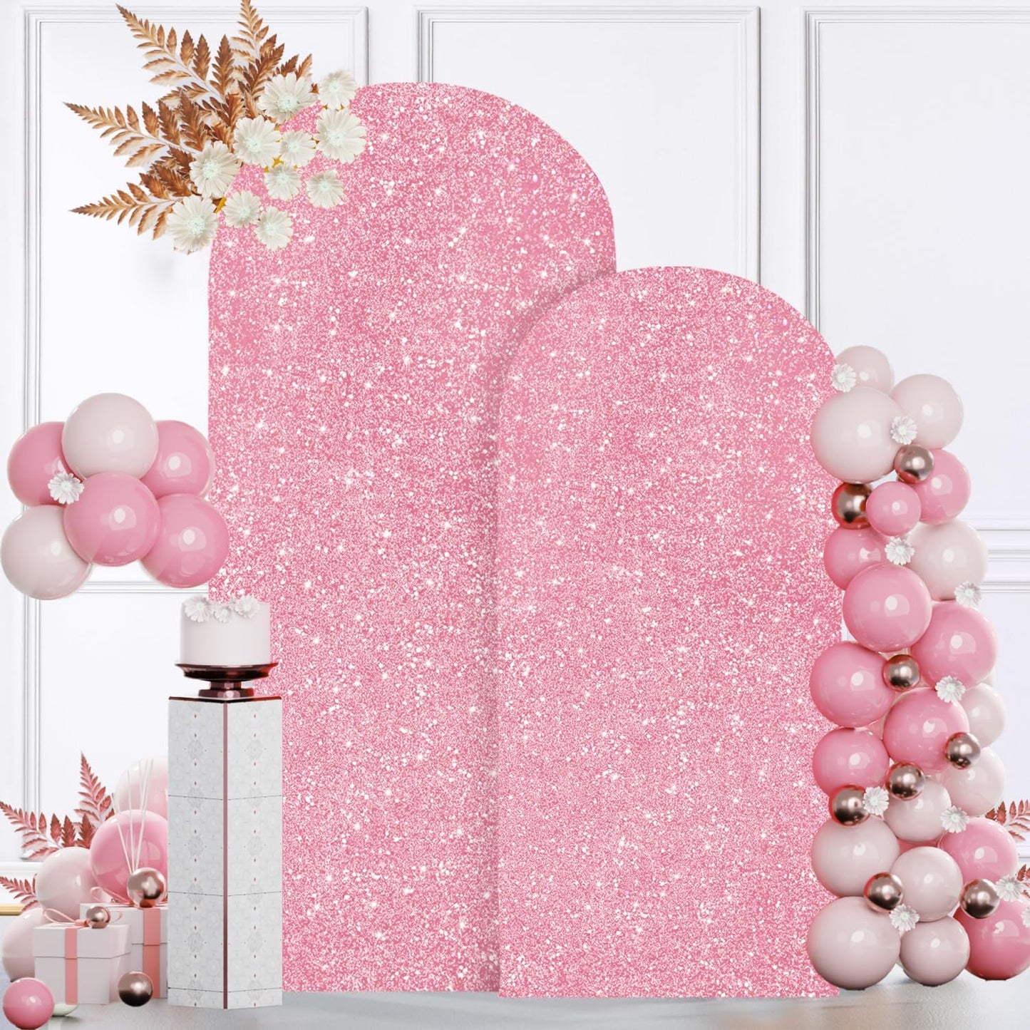 MODFUNS Arch Backdrop Stand and Cover 6&7.2ft Pink Gold Sequins Arch Cover Set of 2 Metal Arch Stand with Covers Double Sided Sparkle Backdrop Stands for Wedding Party Birthday Decor